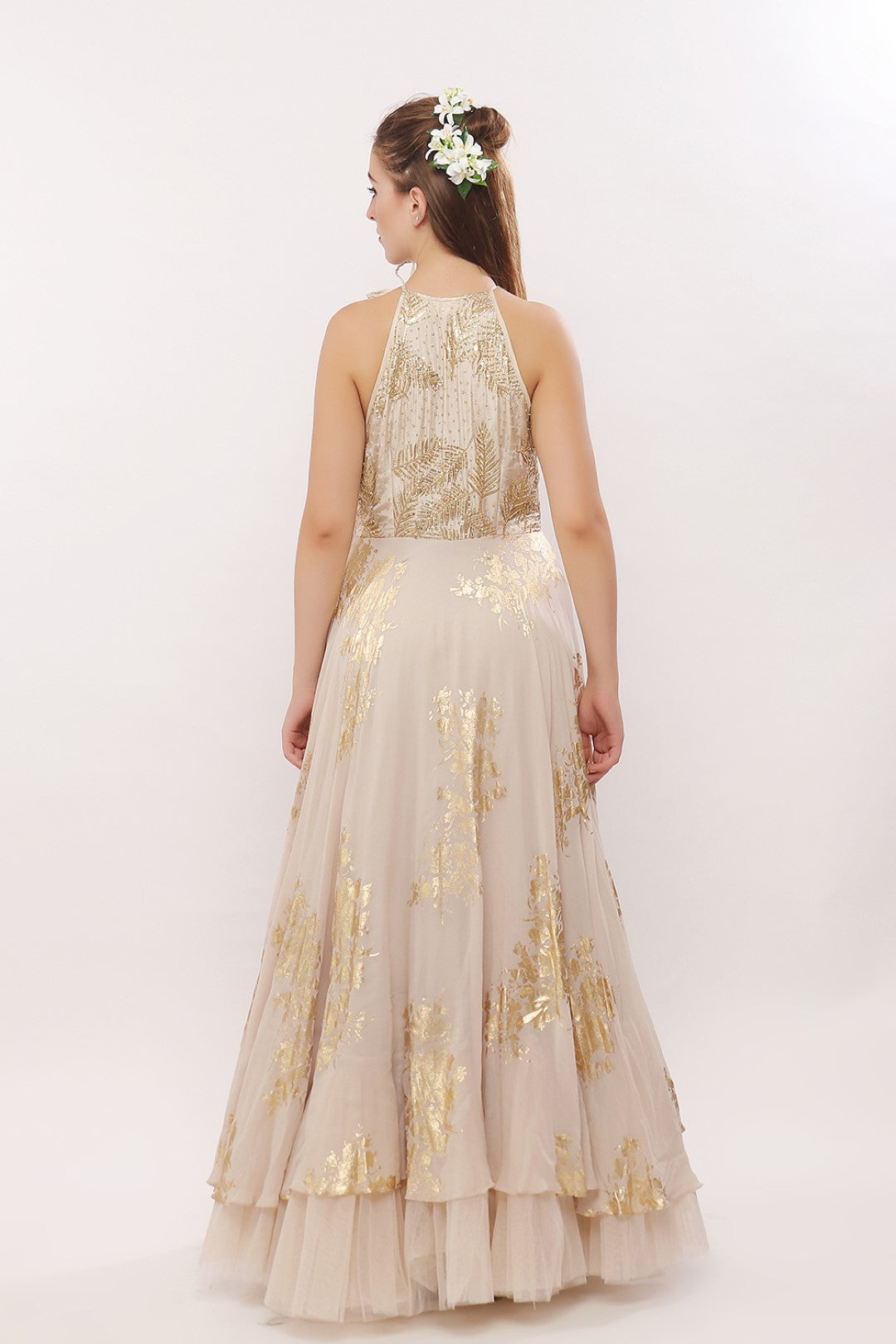 GOLD PRINTED HALTER NECK ANARKALI WITH DUPATTA AND CHURIDAAR