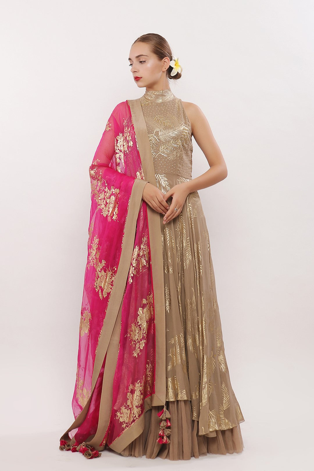 GOLD PRINTED HALTER NECK ANARKALI WITH DUPATTA AND CHURIDAAR