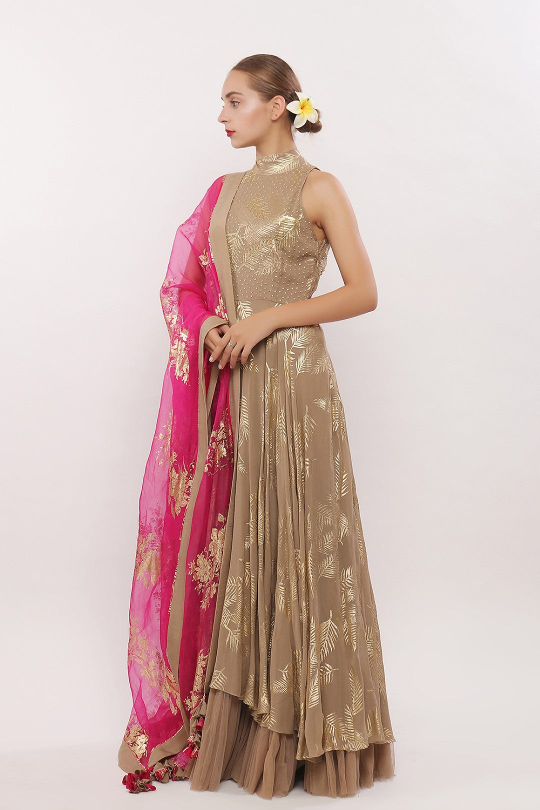 GOLD PRINTED HALTER NECK ANARKALI WITH DUPATTA AND CHURIDAAR