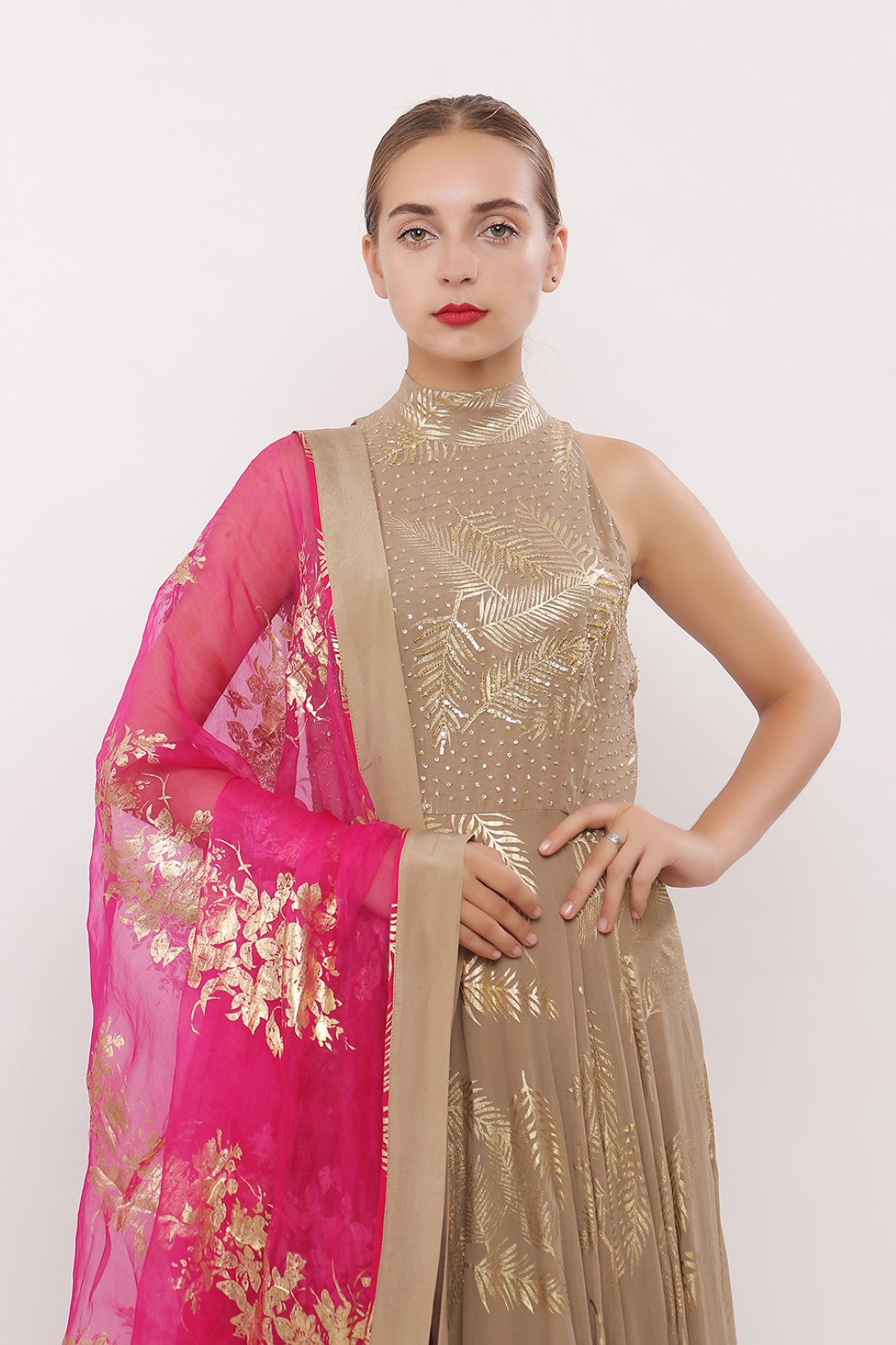 GOLD PRINTED HALTER NECK ANARKALI WITH DUPATTA AND CHURIDAAR