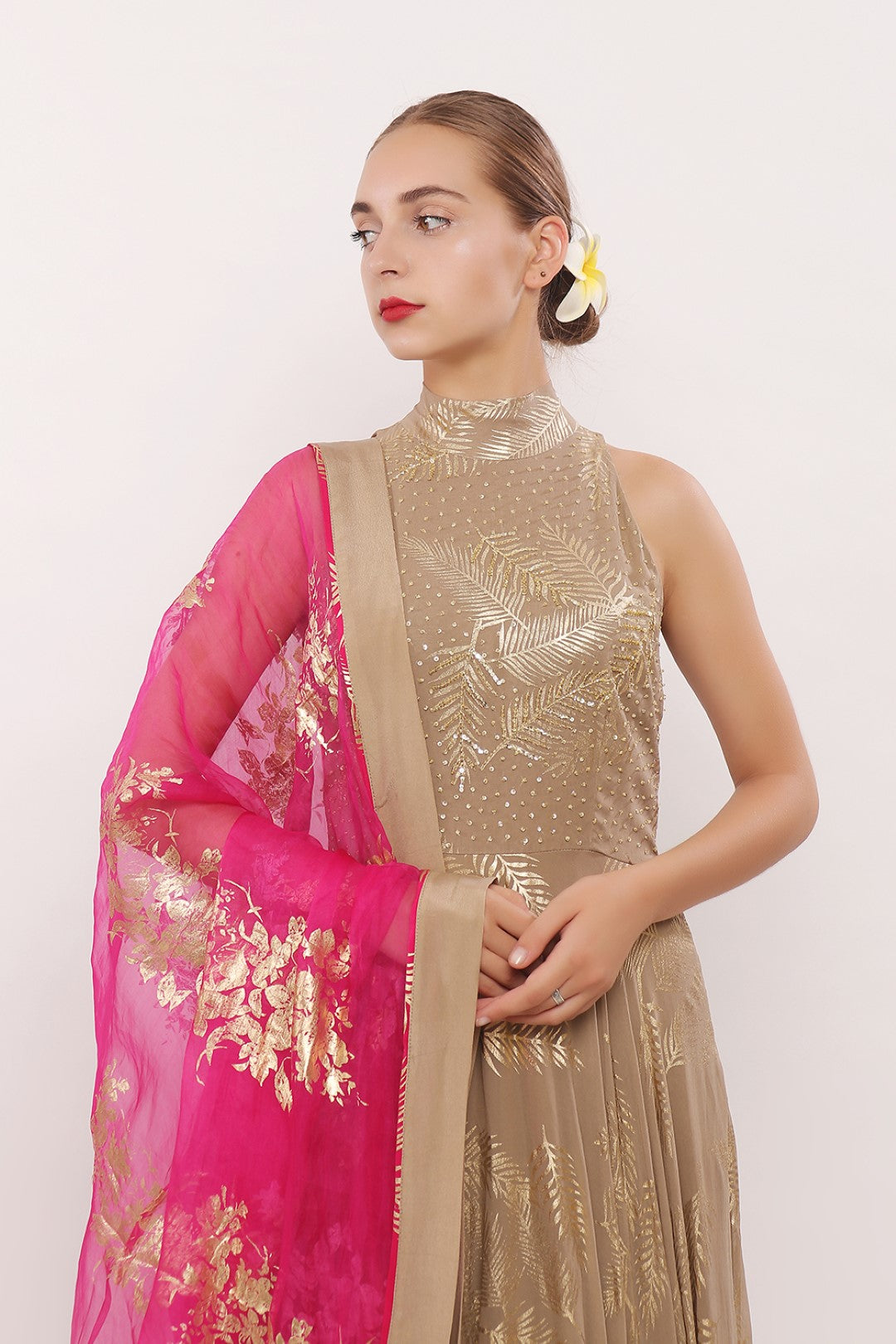 GOLD PRINTED HALTER NECK ANARKALI WITH DUPATTA AND CHURIDAAR