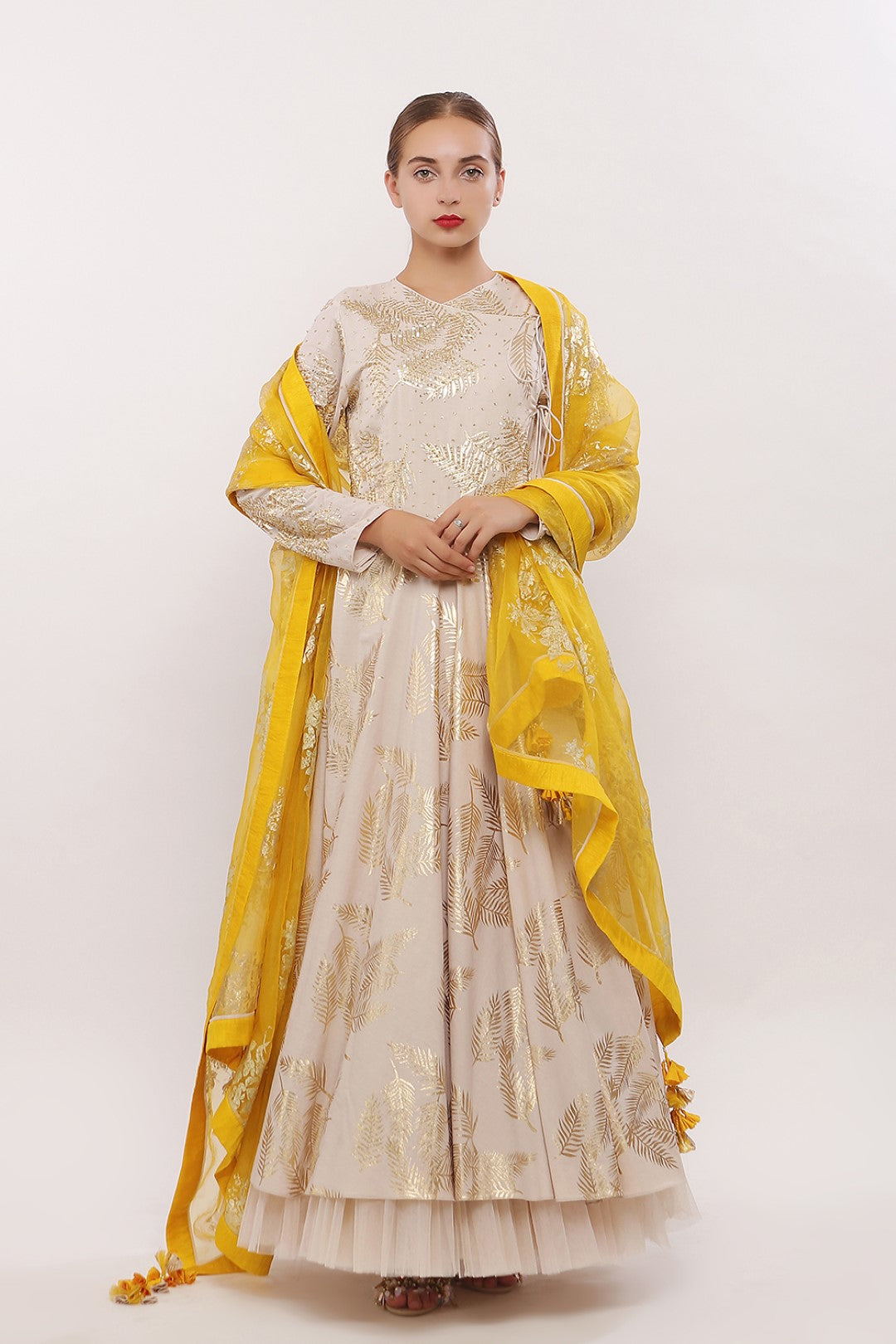 GOLD PRINTED ANGRAKHA KALIDAAR ALONG WITH DUPATTA AND CHURIDAAR