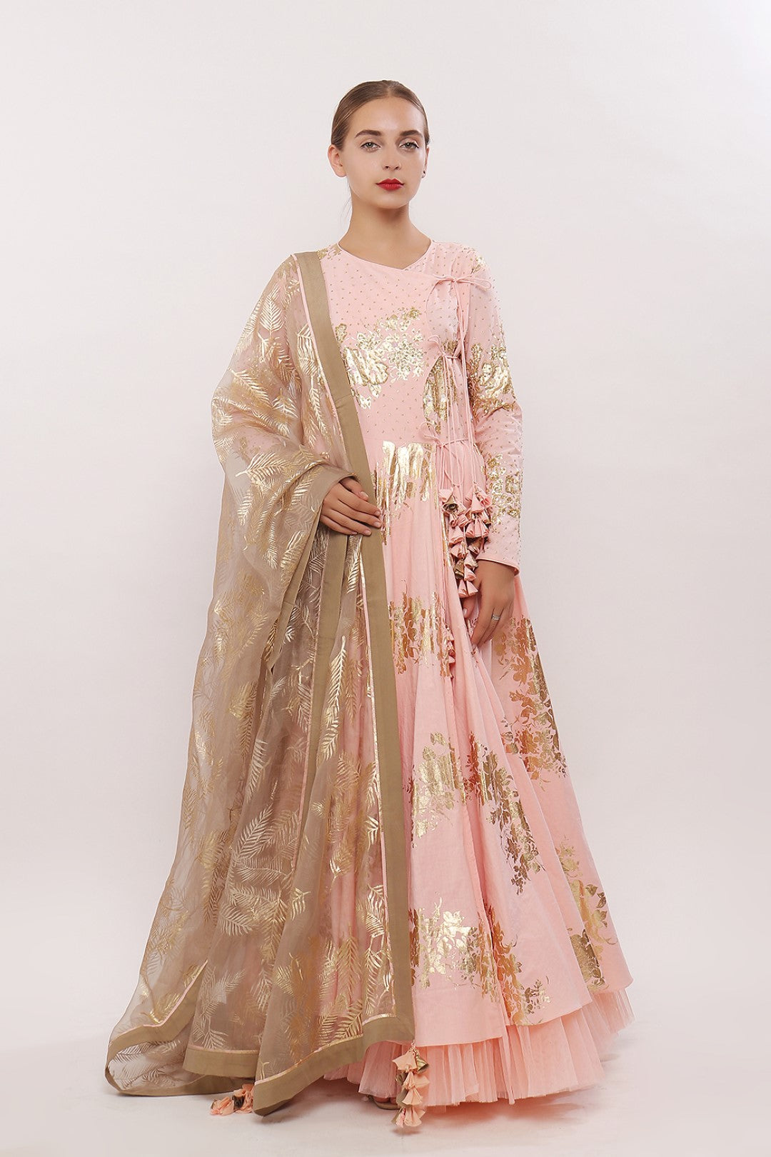 GOLD PRINTED ANGRAKHA KALIDAAR ALONG WITH DUPATTA AND CHURIDAAR