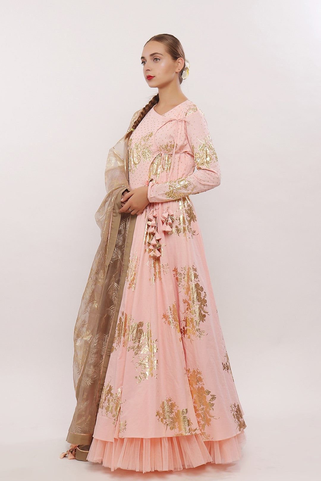 GOLD PRINTED ANGRAKHA KALIDAAR ALONG WITH DUPATTA AND CHURIDAAR