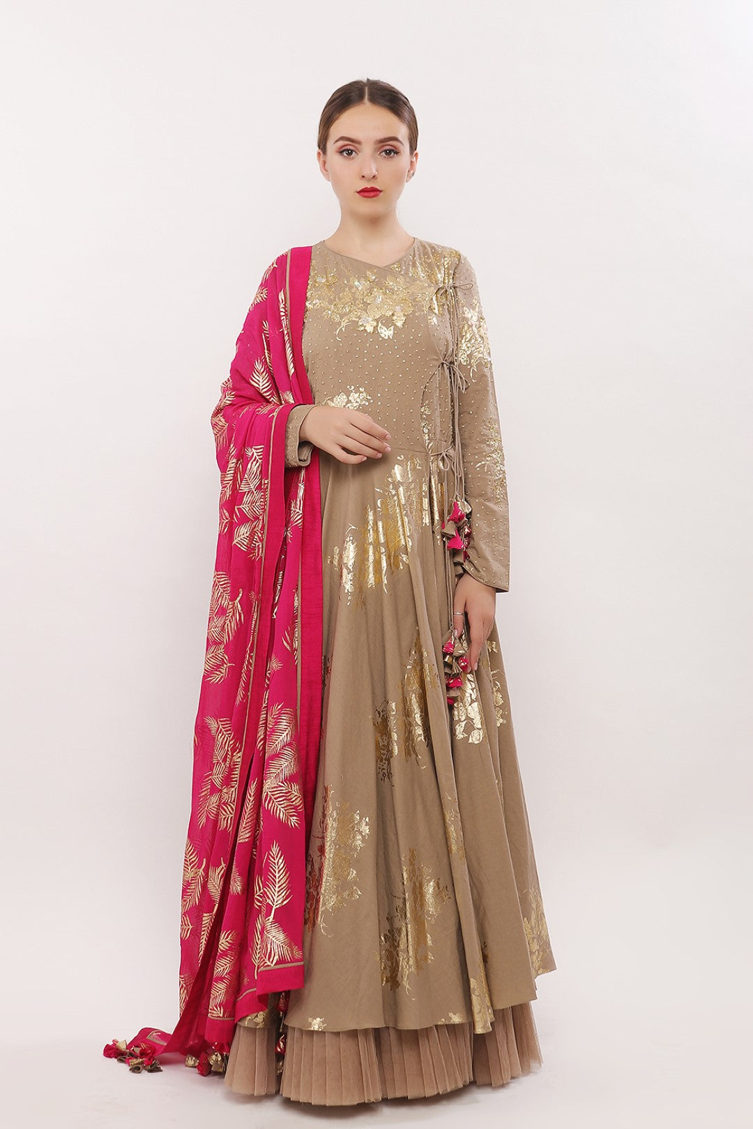 GOLD PRINTED ANGRAKHA KALIDAAR ALONG WITH DUPATTA AND CHURIDAAR