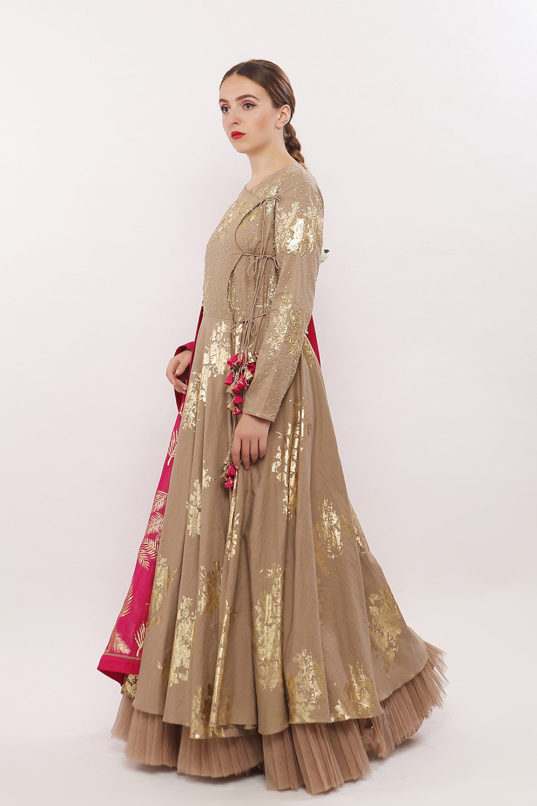 GOLD PRINTED ANGRAKHA KALIDAAR ALONG WITH DUPATTA AND CHURIDAAR