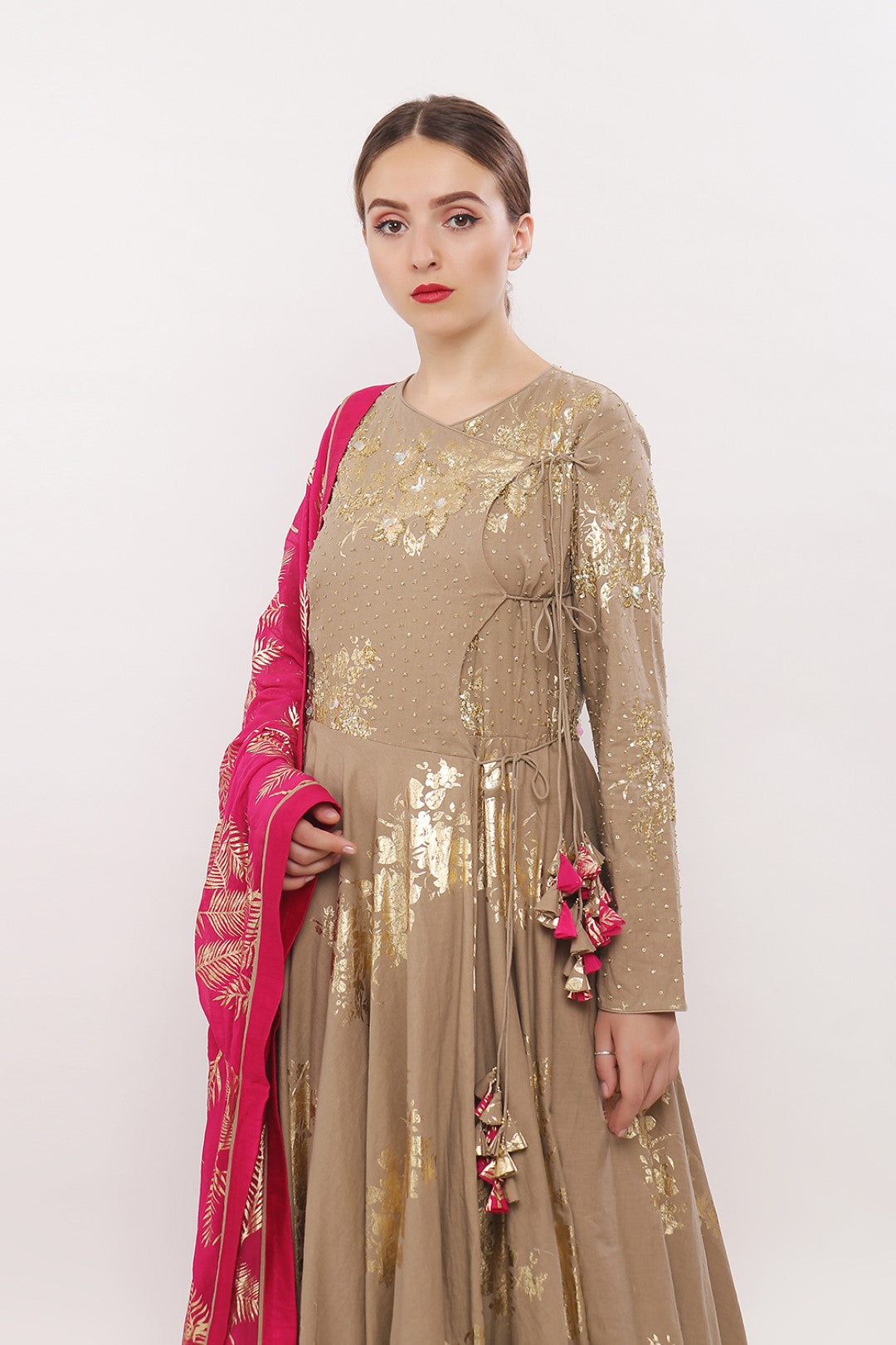 GOLD PRINTED ANGRAKHA KALIDAAR ALONG WITH DUPATTA AND CHURIDAAR