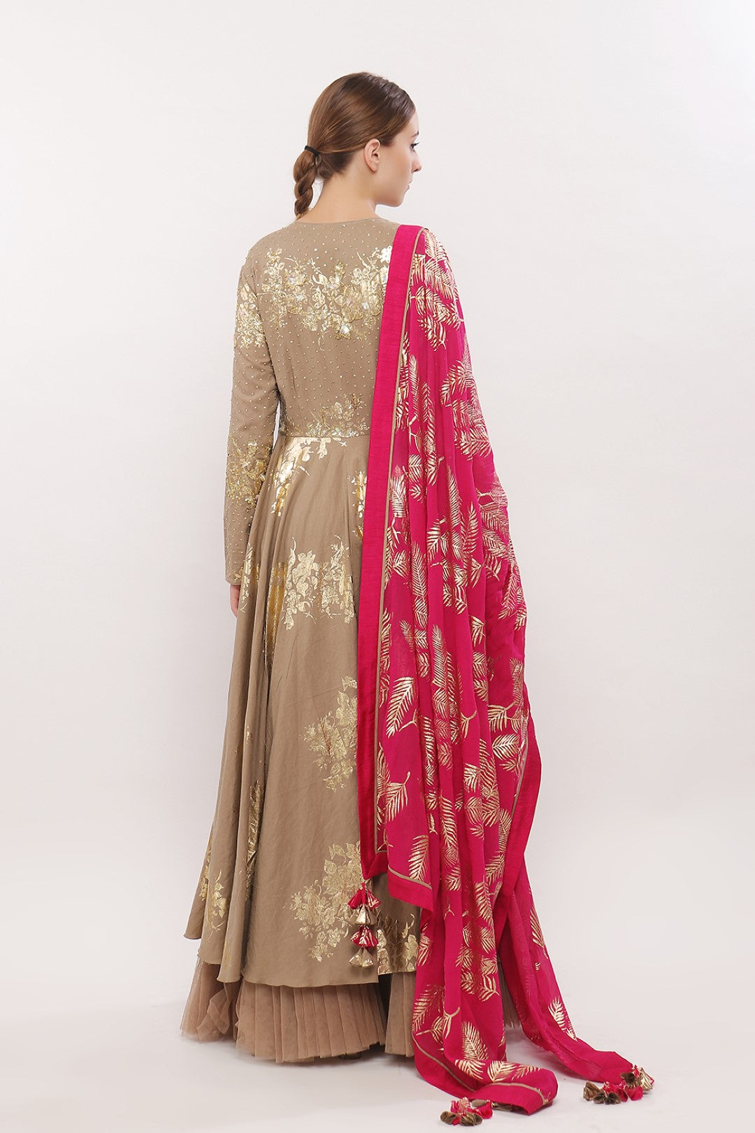 GOLD PRINTED ANGRAKHA KALIDAAR ALONG WITH DUPATTA AND CHURIDAAR