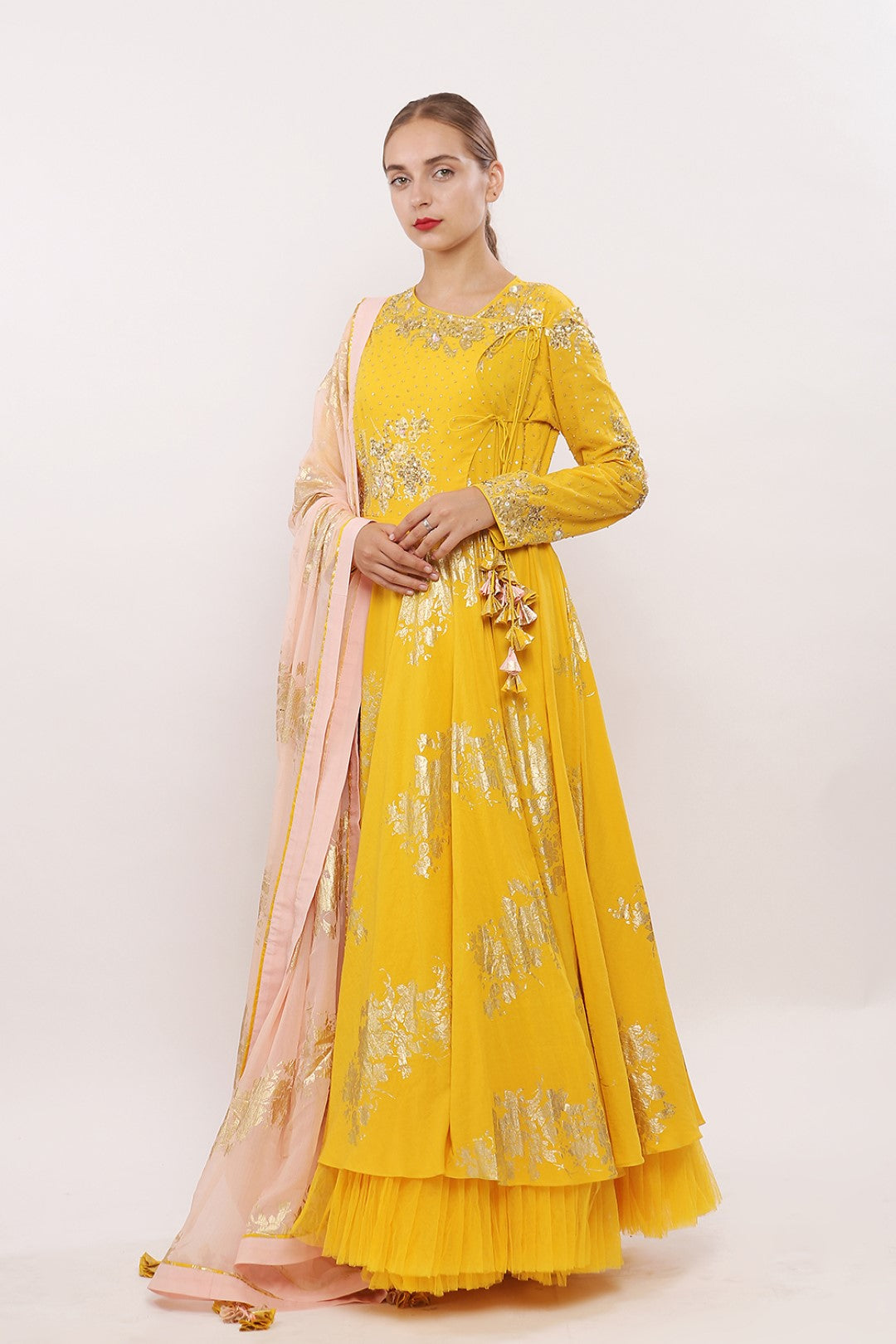 GOLD PRINTED ANGRAKHA KALIDAAR ALONG WITH DUPATTA AND CHURIDAAR