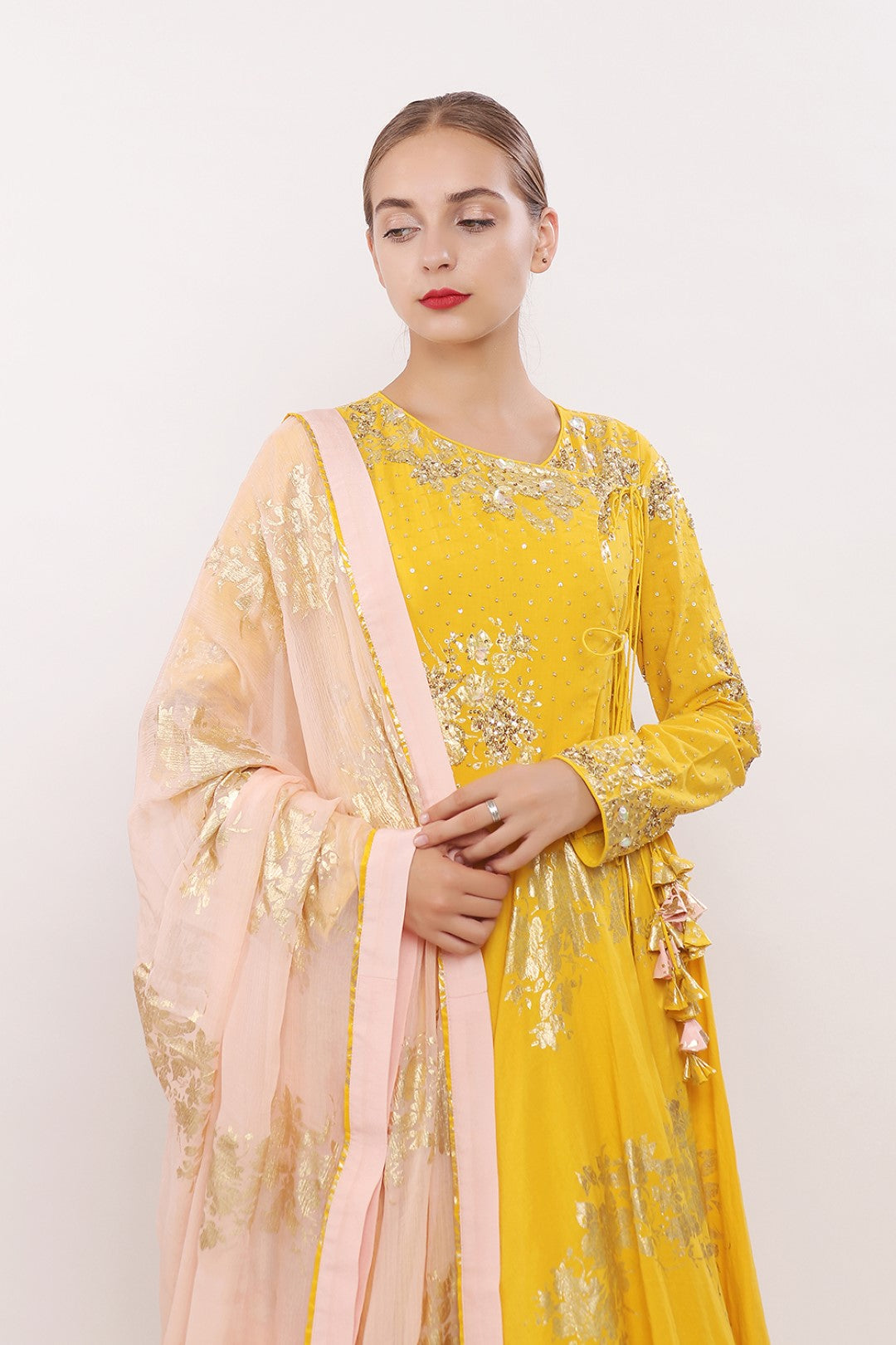 GOLD PRINTED ANGRAKHA KALIDAAR ALONG WITH DUPATTA AND CHURIDAAR