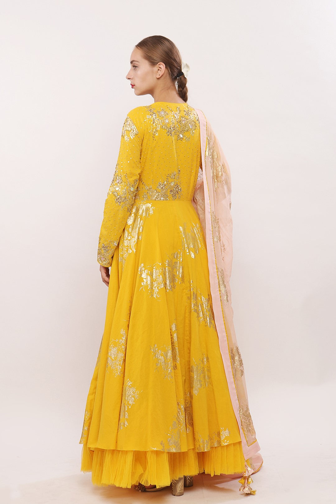 GOLD PRINTED ANGRAKHA KALIDAAR ALONG WITH DUPATTA AND CHURIDAAR