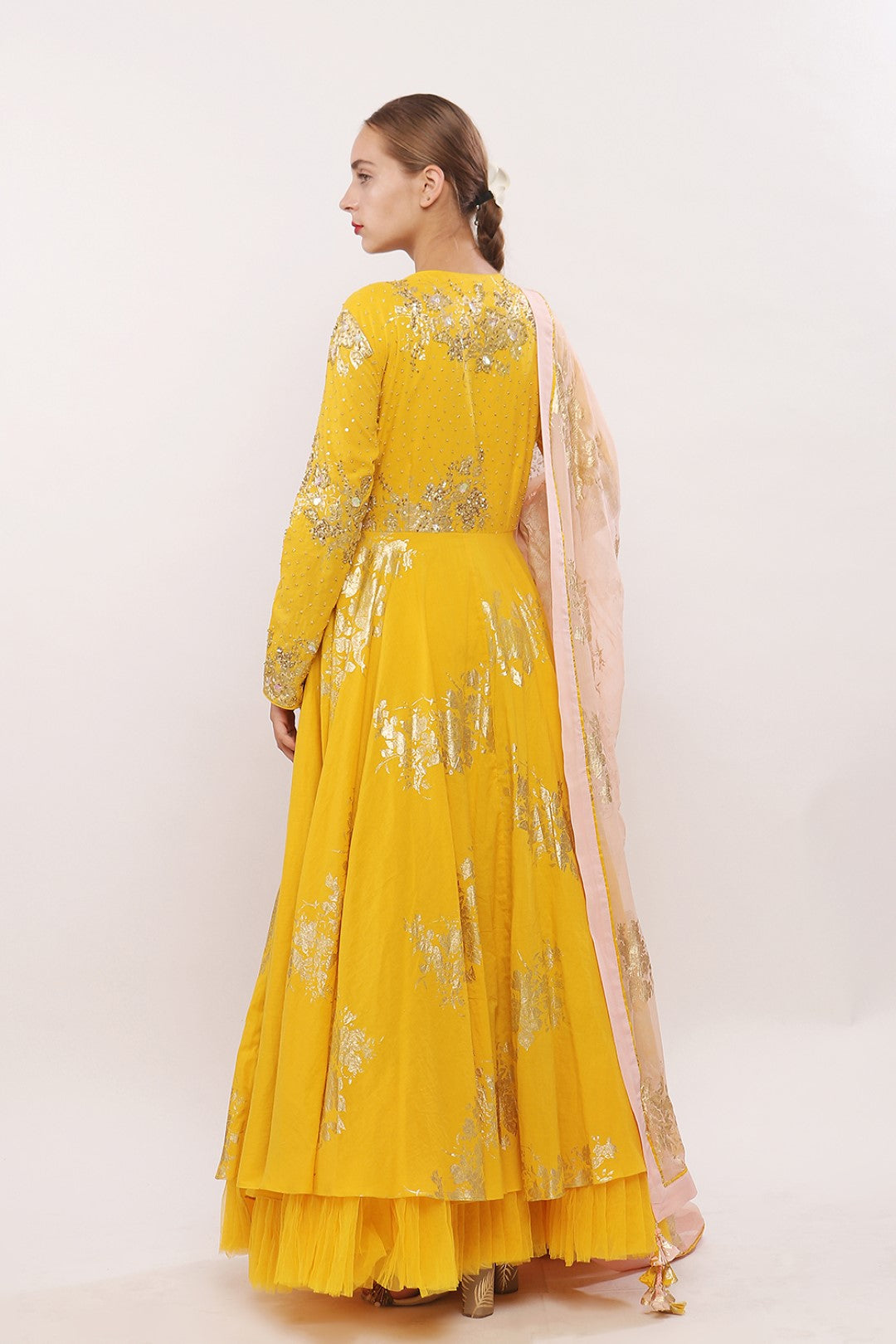 GOLD PRINTED ANGRAKHA KALIDAAR ALONG WITH DUPATTA AND CHURIDAAR