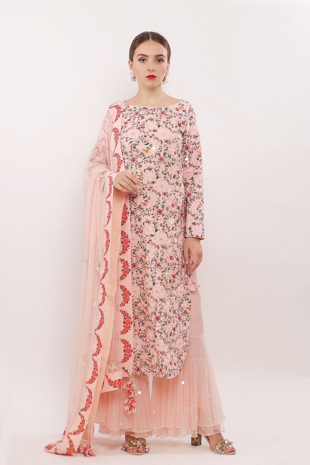 EMBROIDERED KURTA WITH DOUBLE LAYER SHARARA AND NET DUPPATA