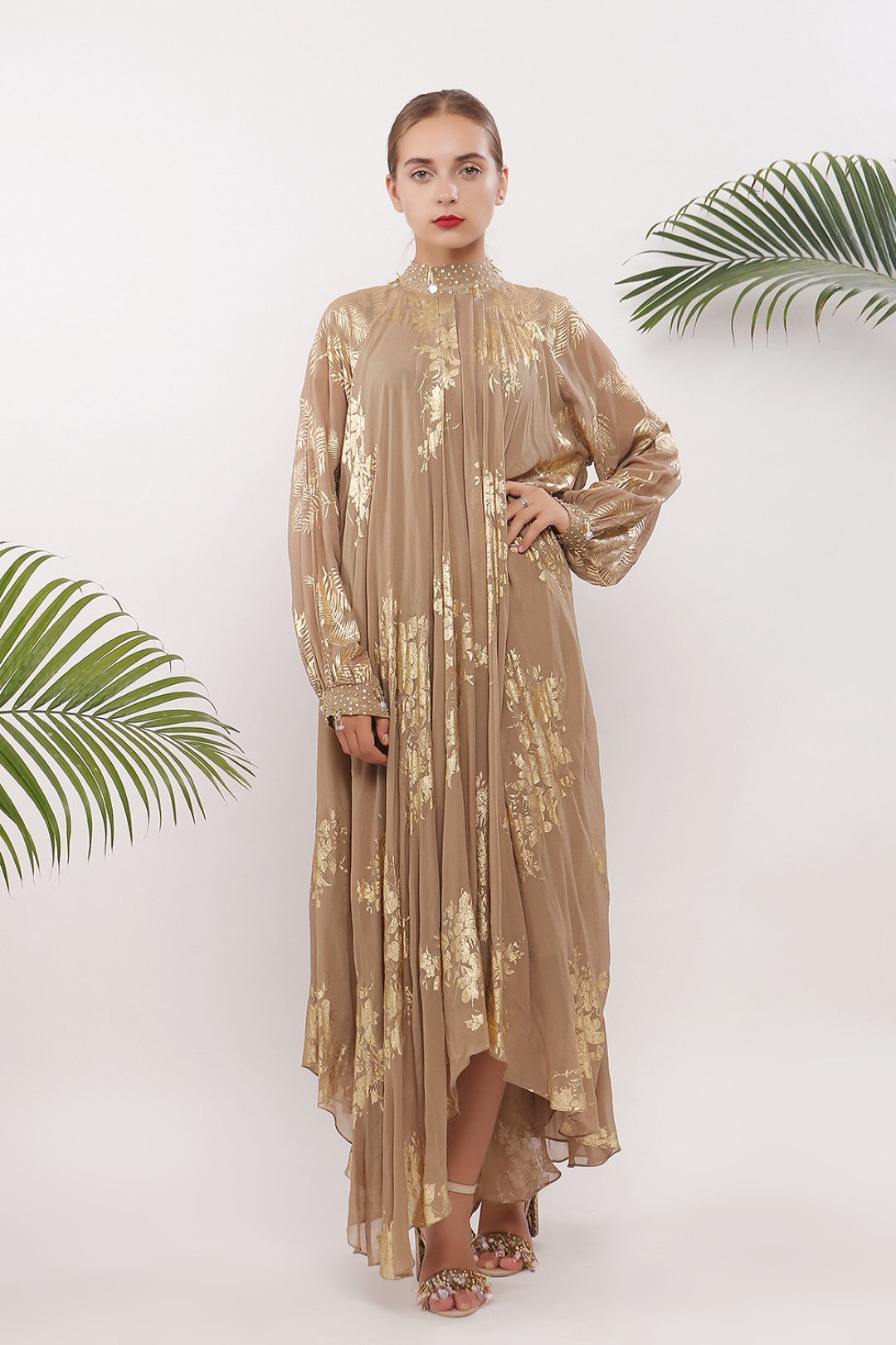 ASSYMMETRICAL PLEATED DRESS AND RAGLAN SLEEVES WITH EMBROIDERED TIE UP AND CULF