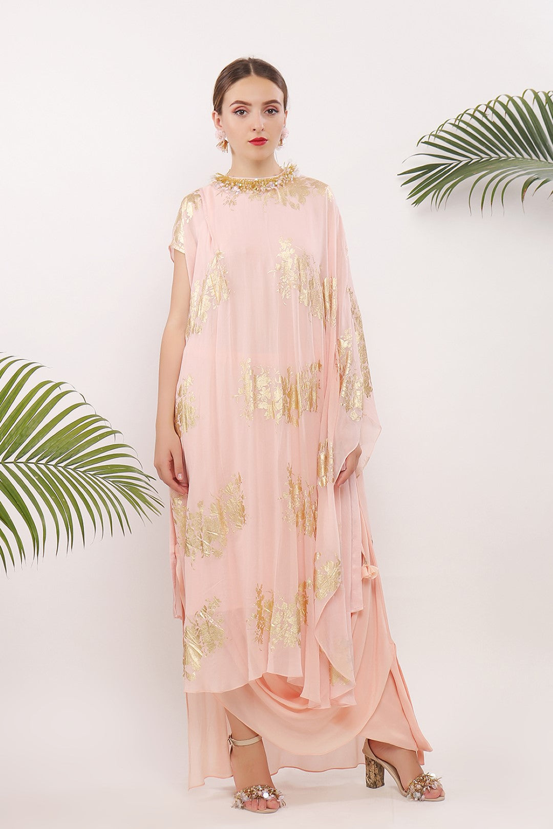 ONE PLEAT SHOULDER KAFTAN AND EMBROIDERED NECKLINE ALONG WITH  COWL SKIRT