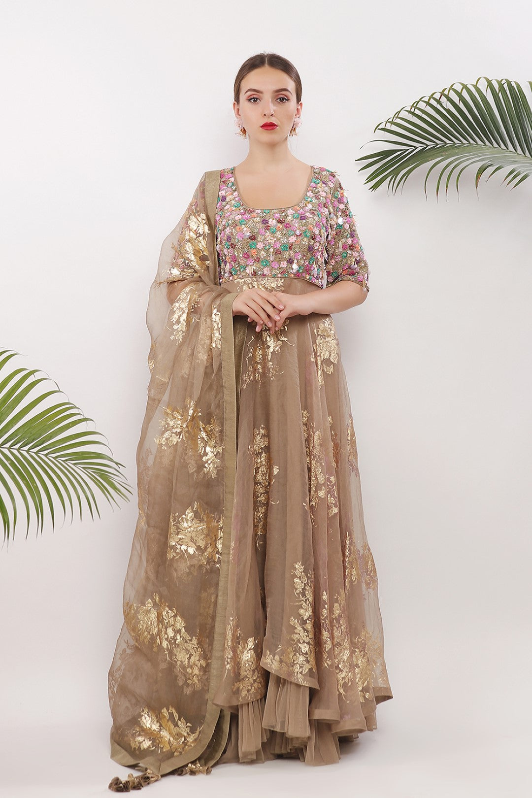 EMBROIDERED YOKE AND GOLD PRINTED GHERA WITH DUPATTA AND CHURIDAAR