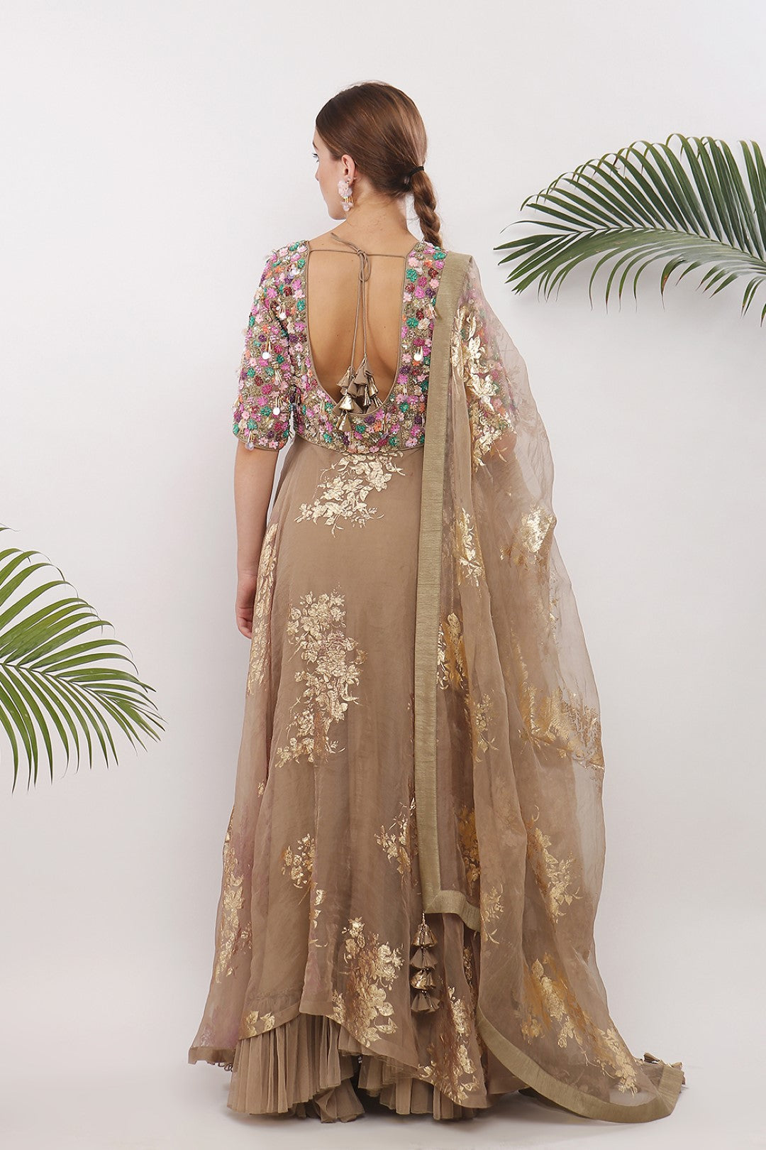 EMBROIDERED YOKE AND GOLD PRINTED GHERA WITH DUPATTA AND CHURIDAAR