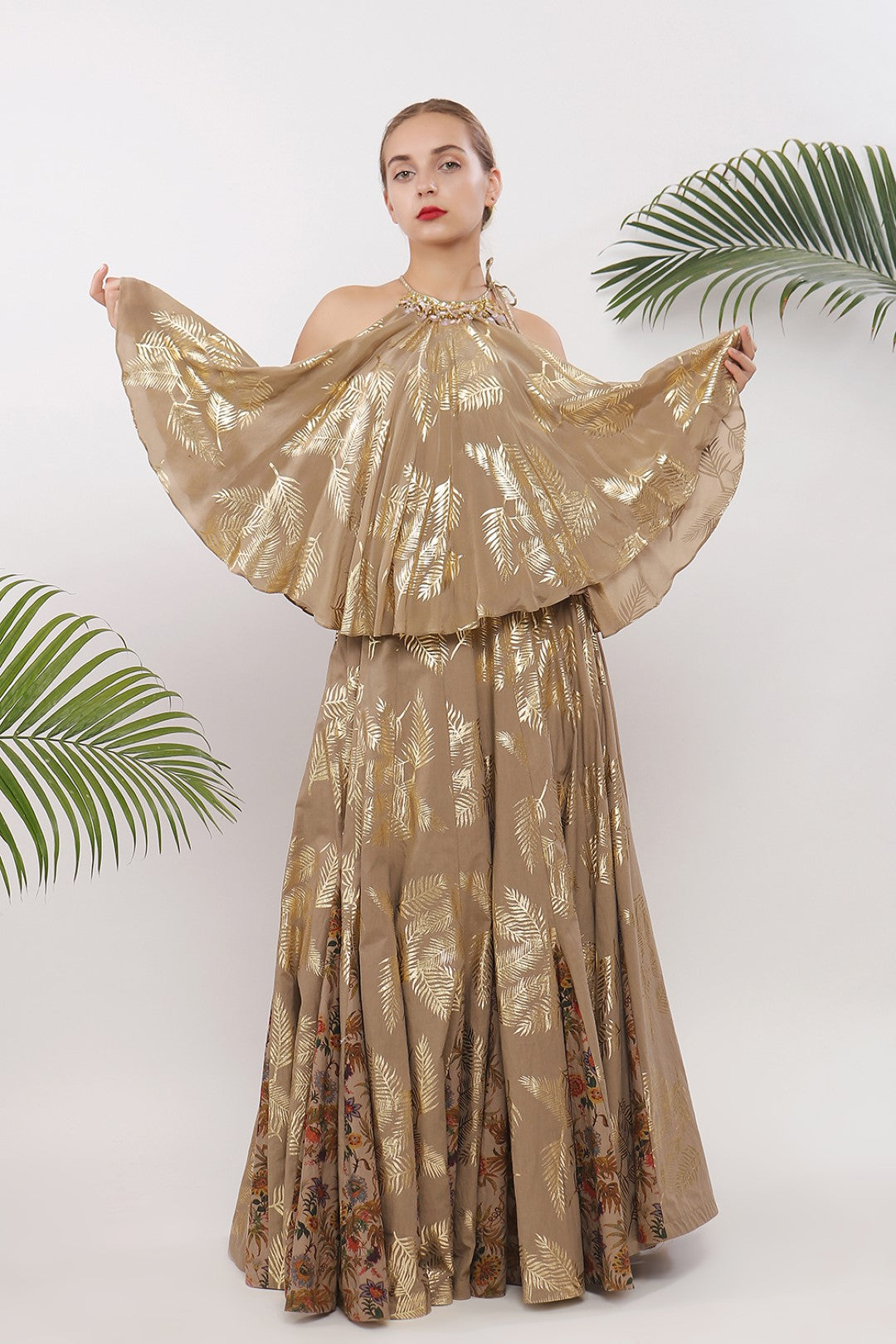 GOLD PRINTED GODET  LEHANGA WITH  FLARED  TOP