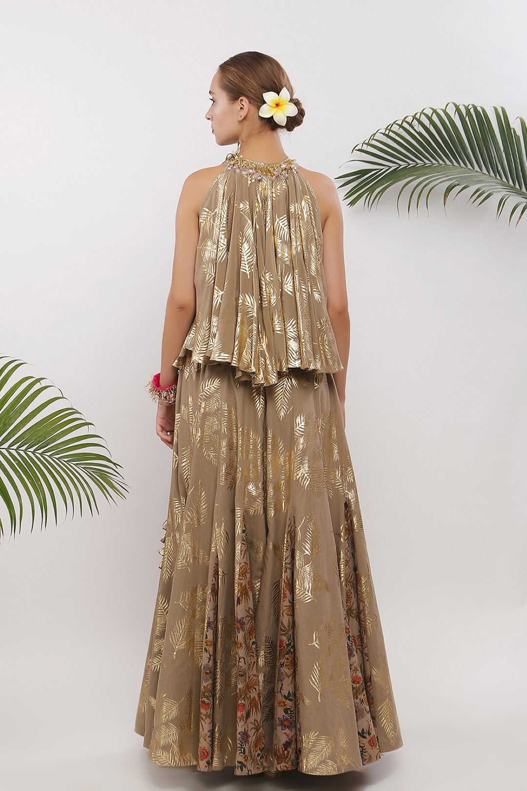 GOLD PRINTED GODET  LEHANGA WITH  FLARED  TOP