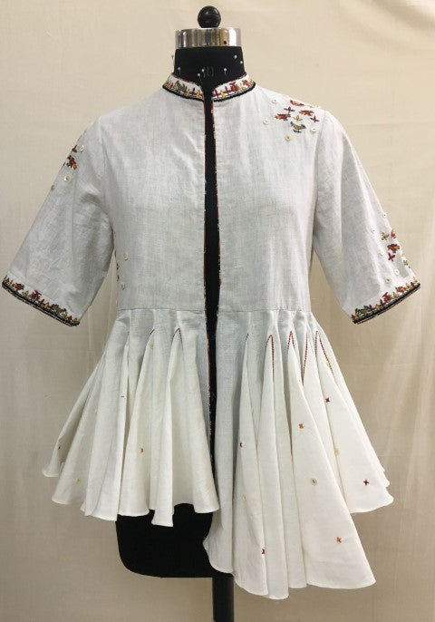 Hand Woven cotton, Emb. Peplum Jacket with Printed Bagru Lining And Tassels Details. Azo free