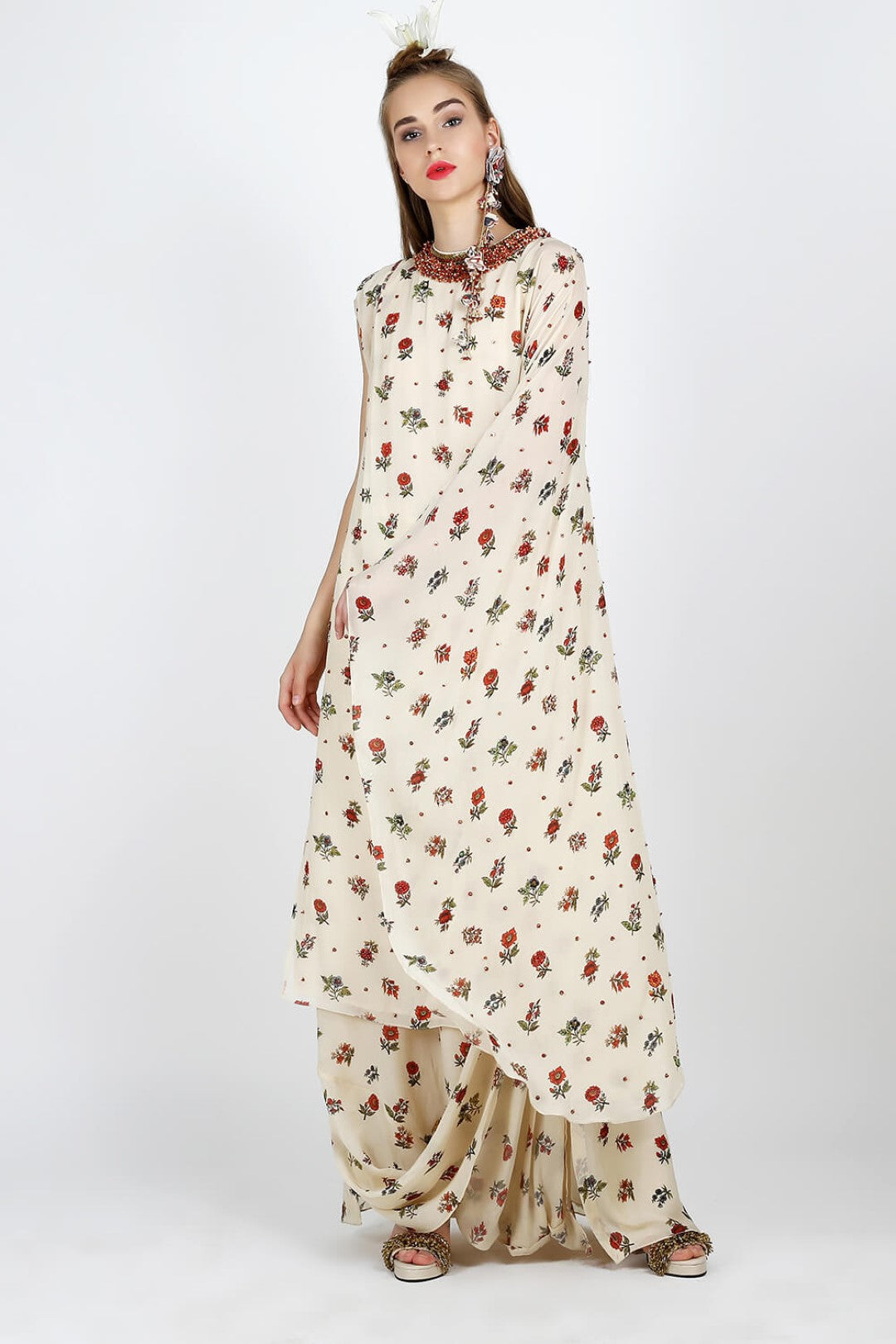 one shoulder long tunic paired with cowl skirt
