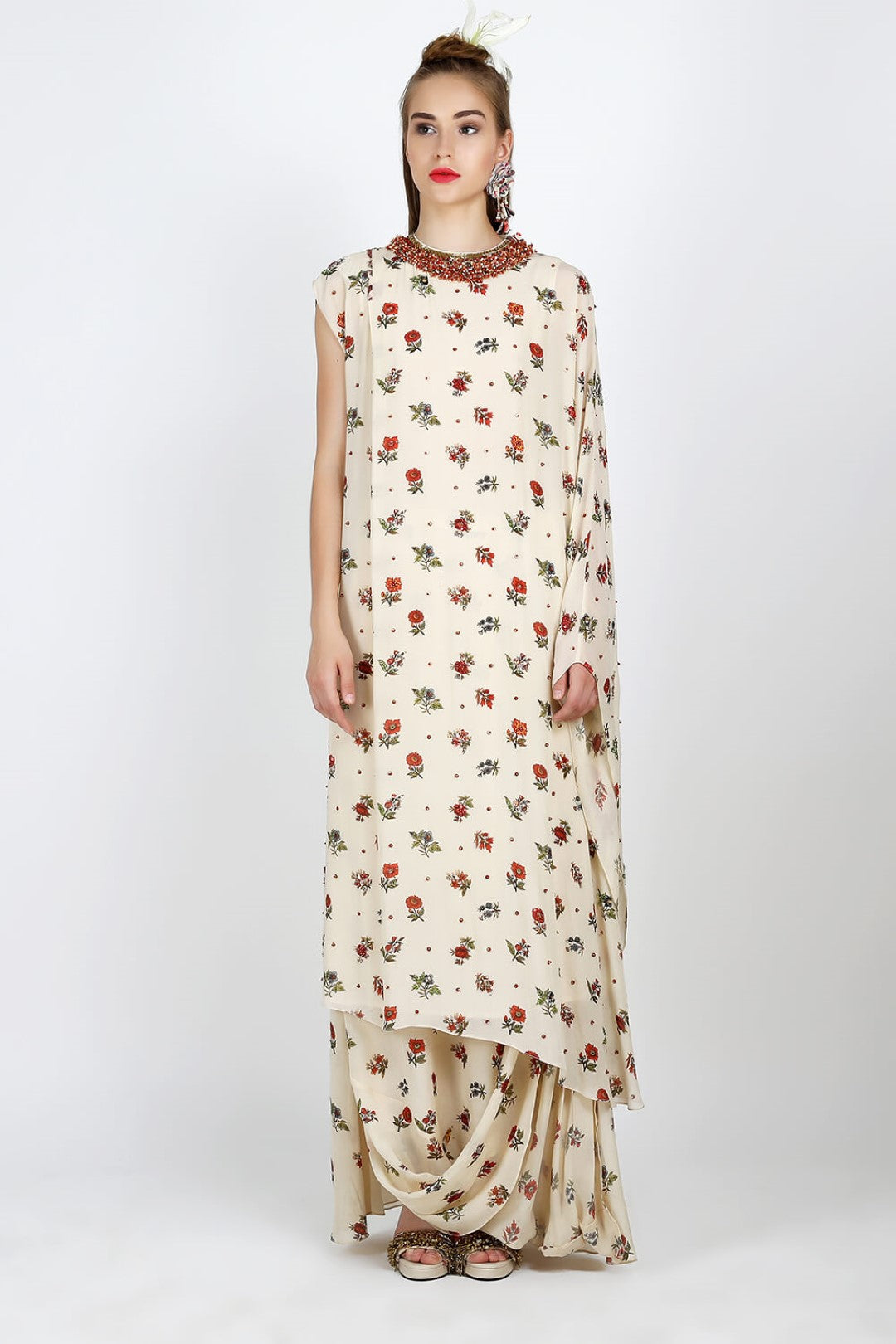 one shoulder long tunic paired with cowl skirt