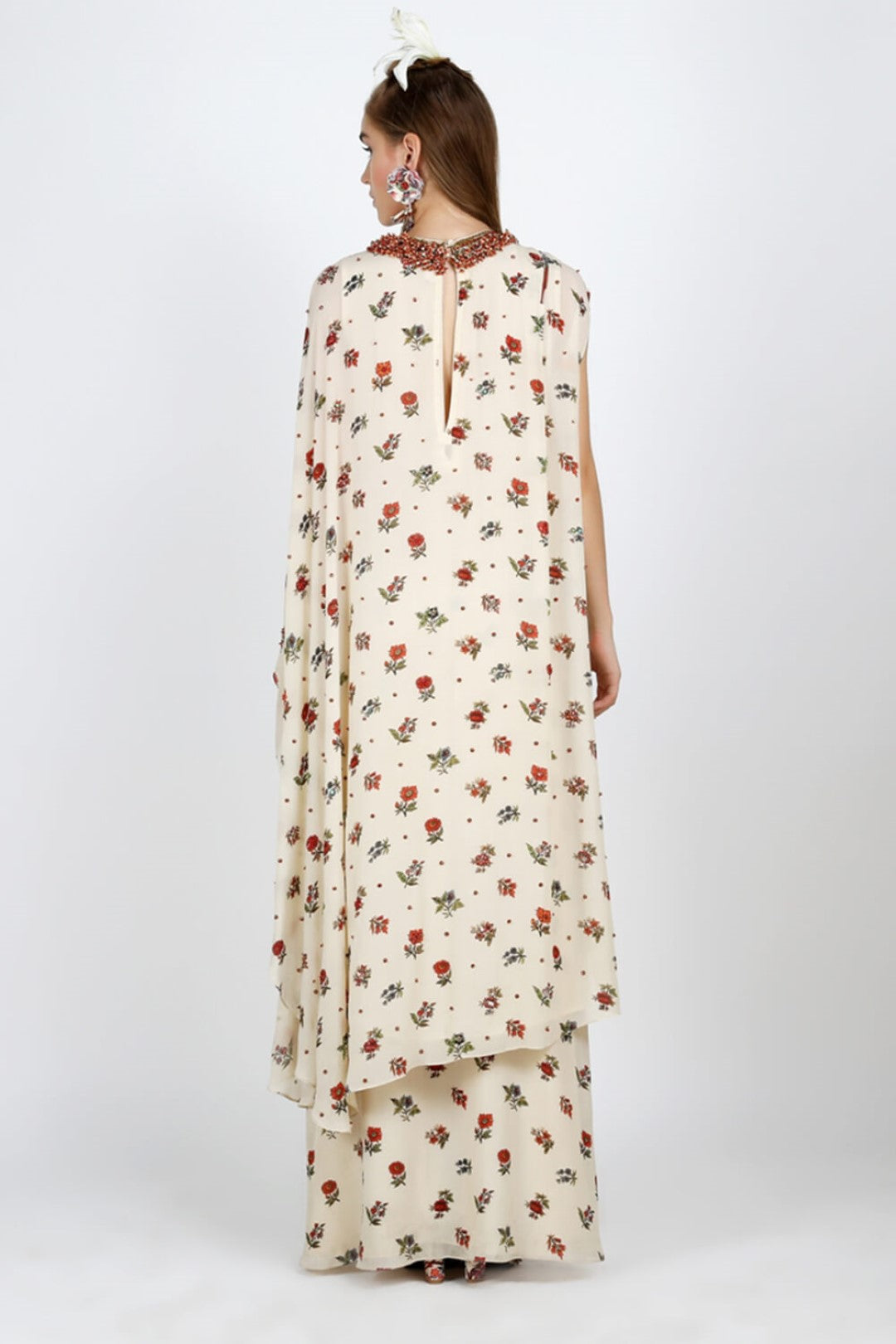 one shoulder long tunic paired with cowl skirt
