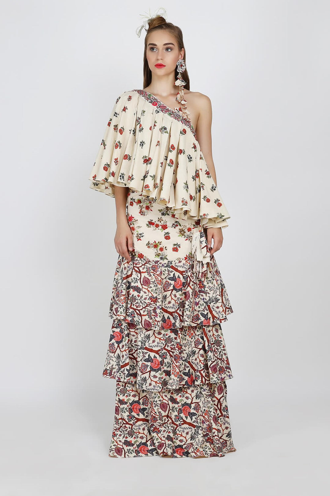 one shoulder pleated top with embroidered tier skirt