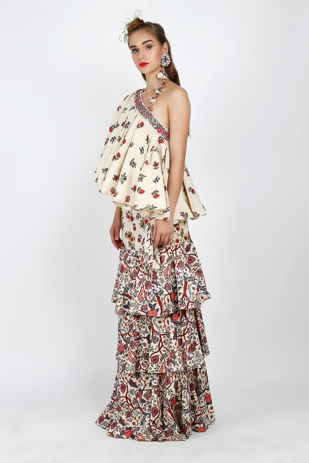 one shoulder pleated top with embroidered tier skirt