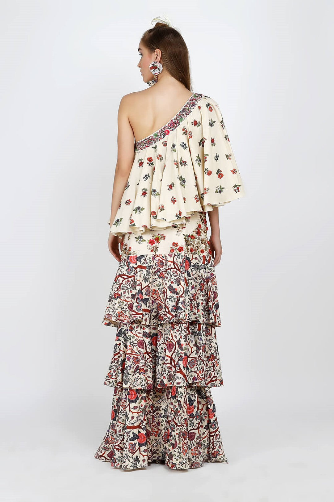 one shoulder pleated top with embroidered tier skirt