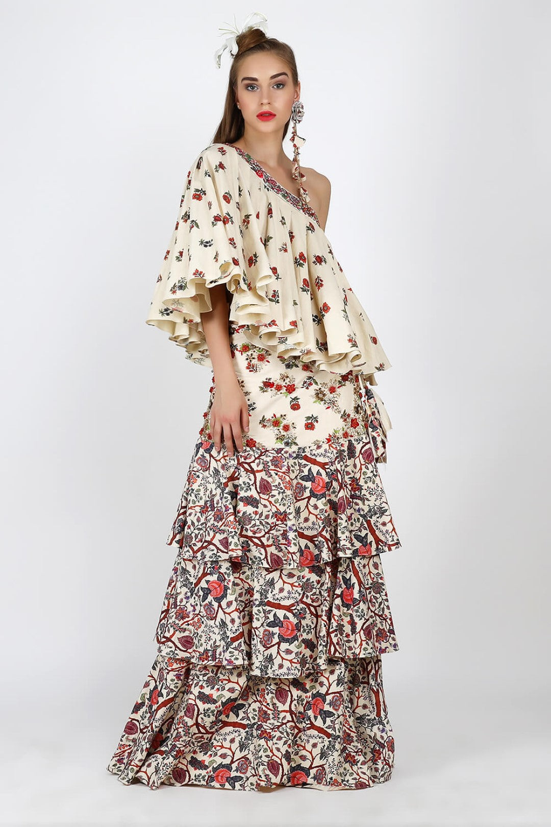 one shoulder pleated top with embroidered tier skirt