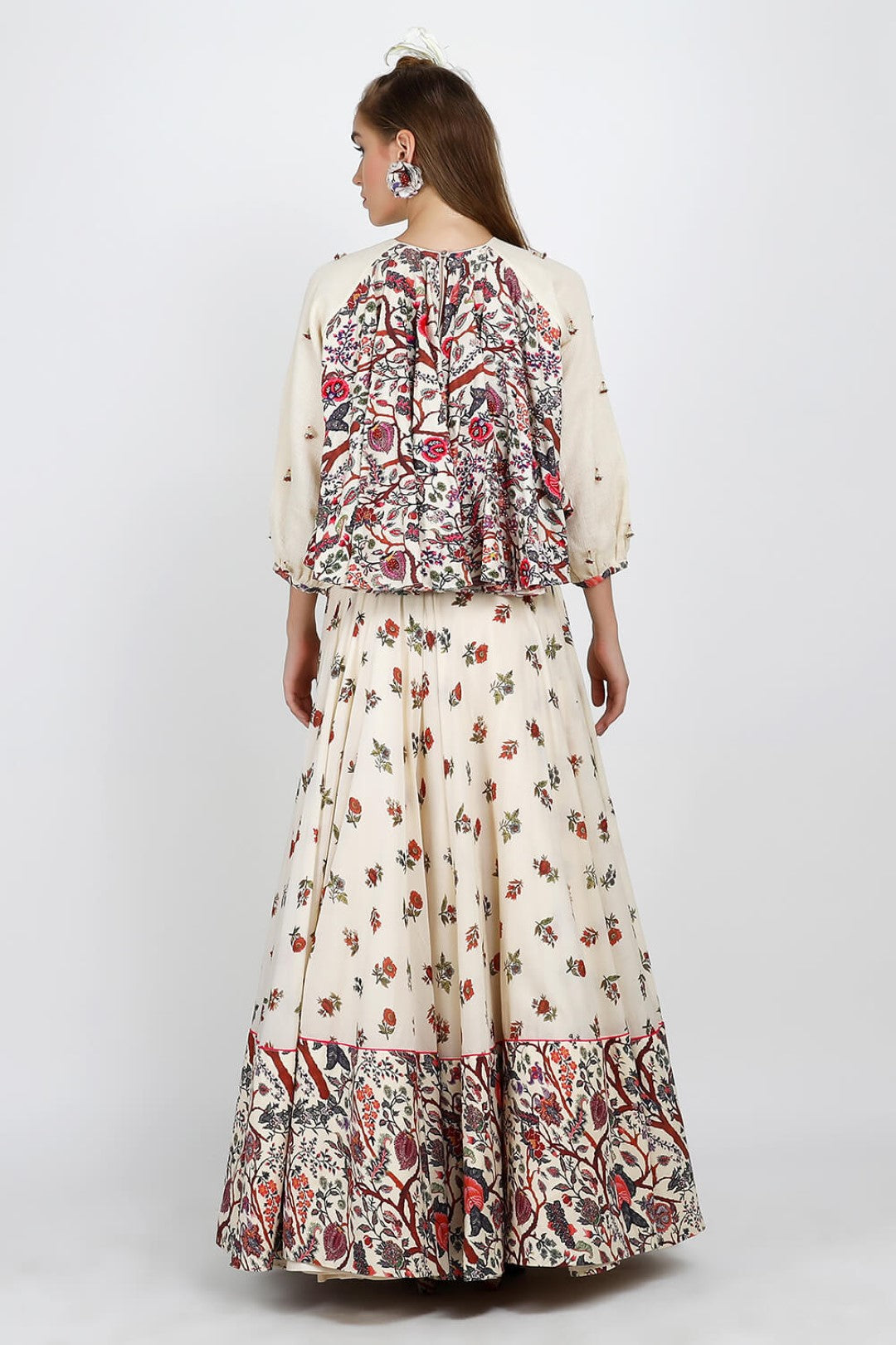 peasant top paired with printed flare skirt
