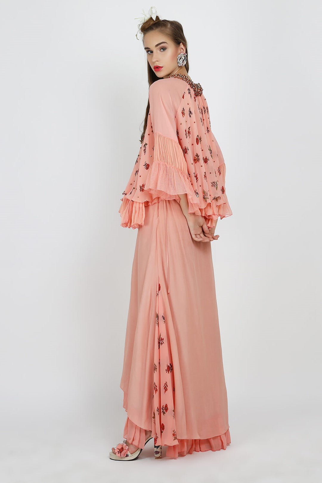 pleated top paired with ruffle layer printed skirt