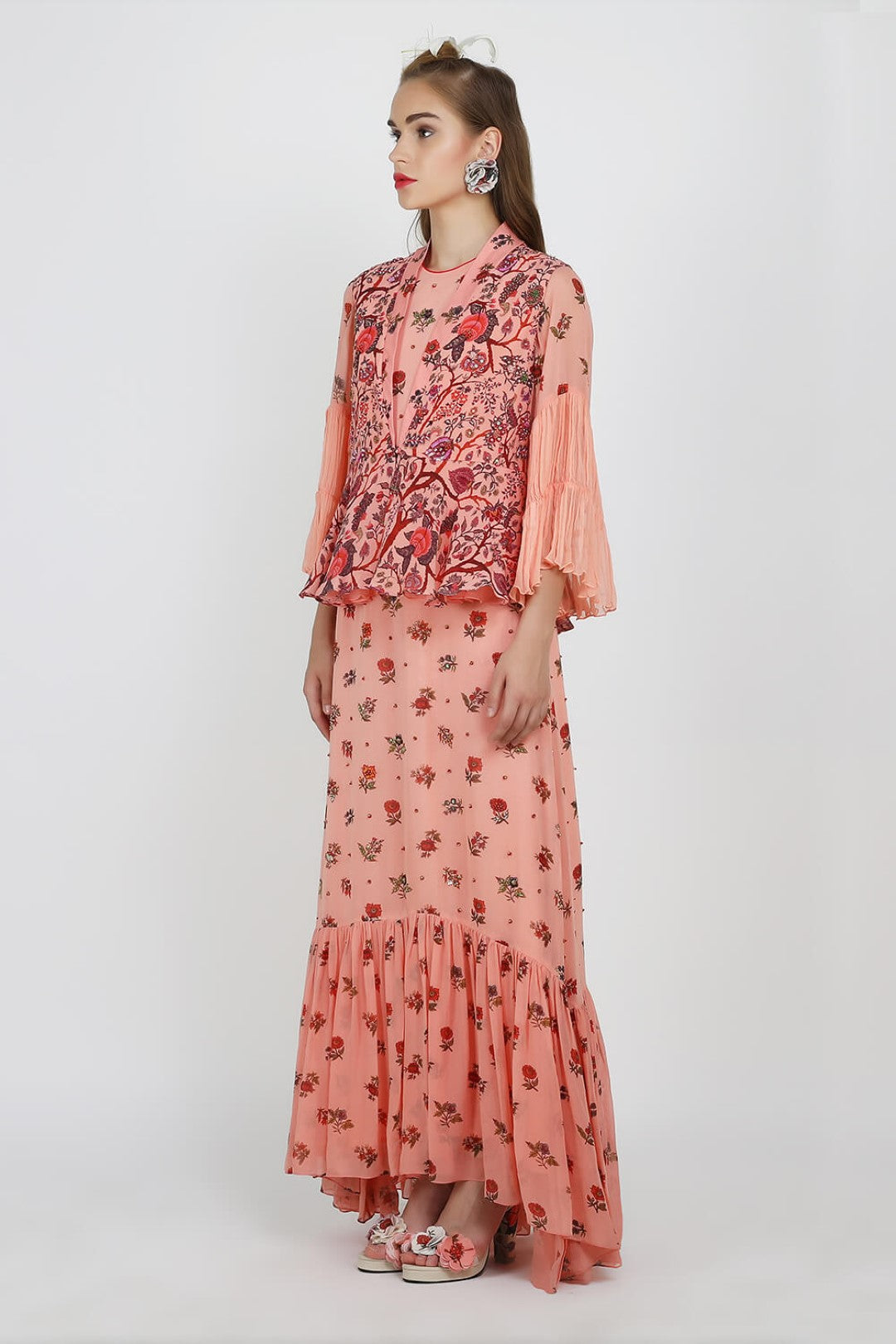 Gathered chintz frill maxi dress with fully printed jacket