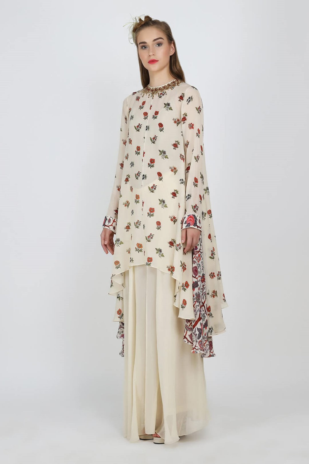 asymmetric kurta with georgette layered sharara