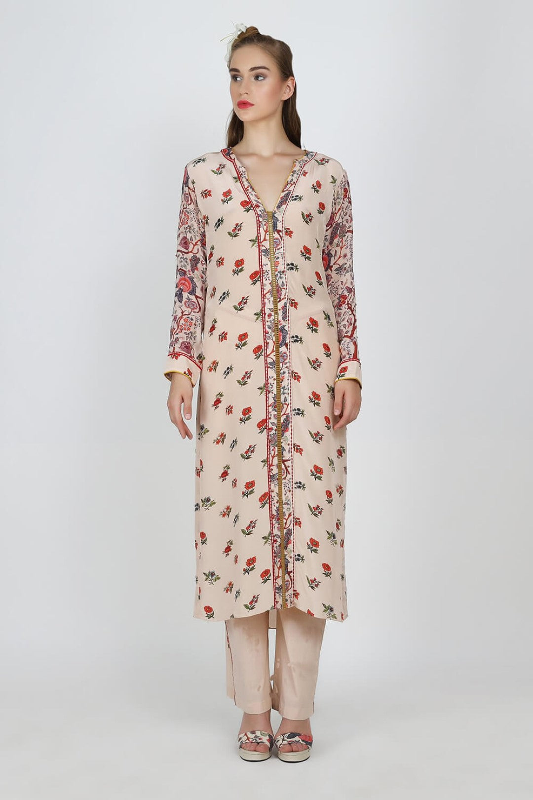 straight kurta with side printed panel poplin cigarette pants