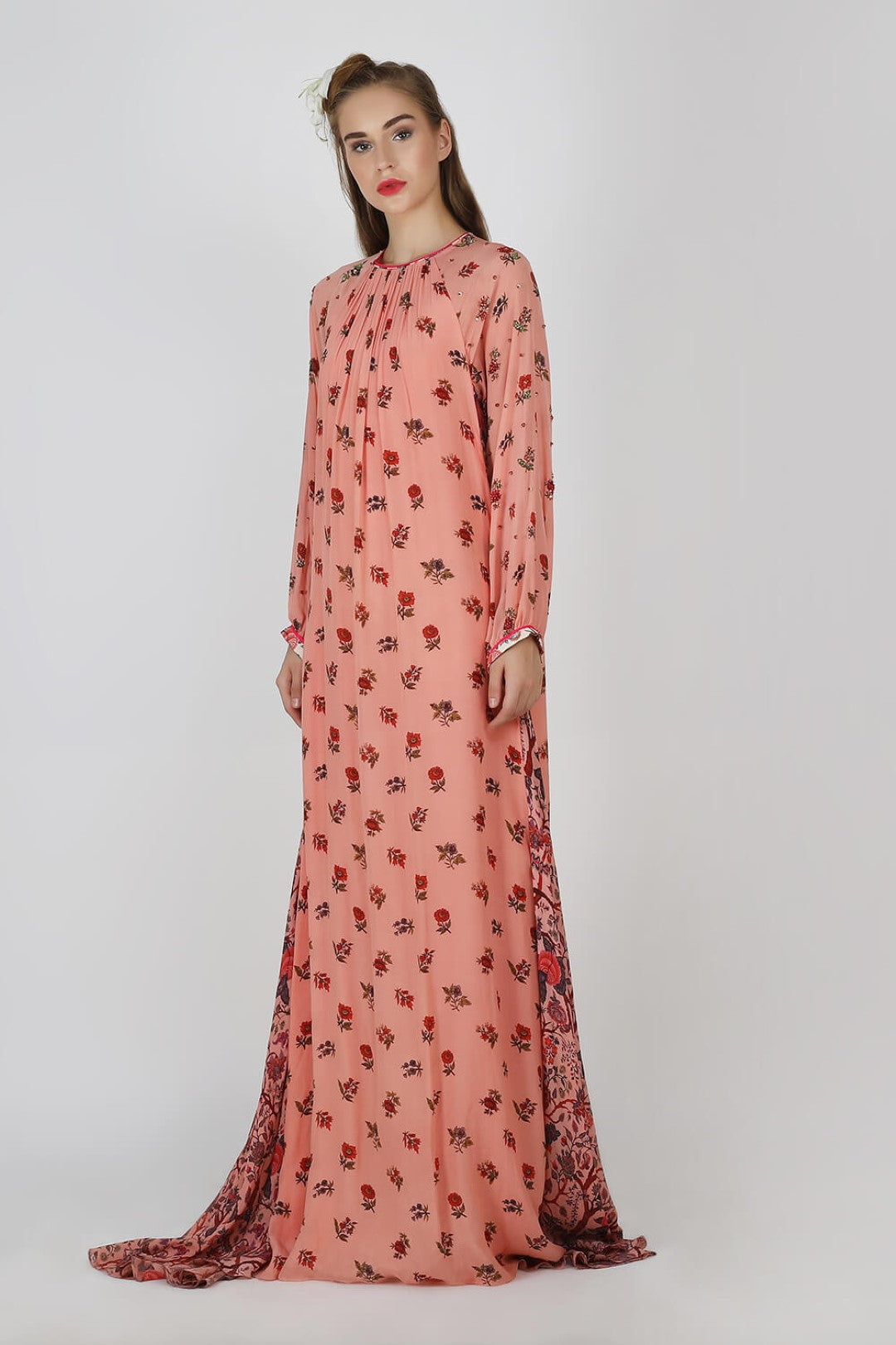 asymmetric dress embellished with embroidered silk yoke