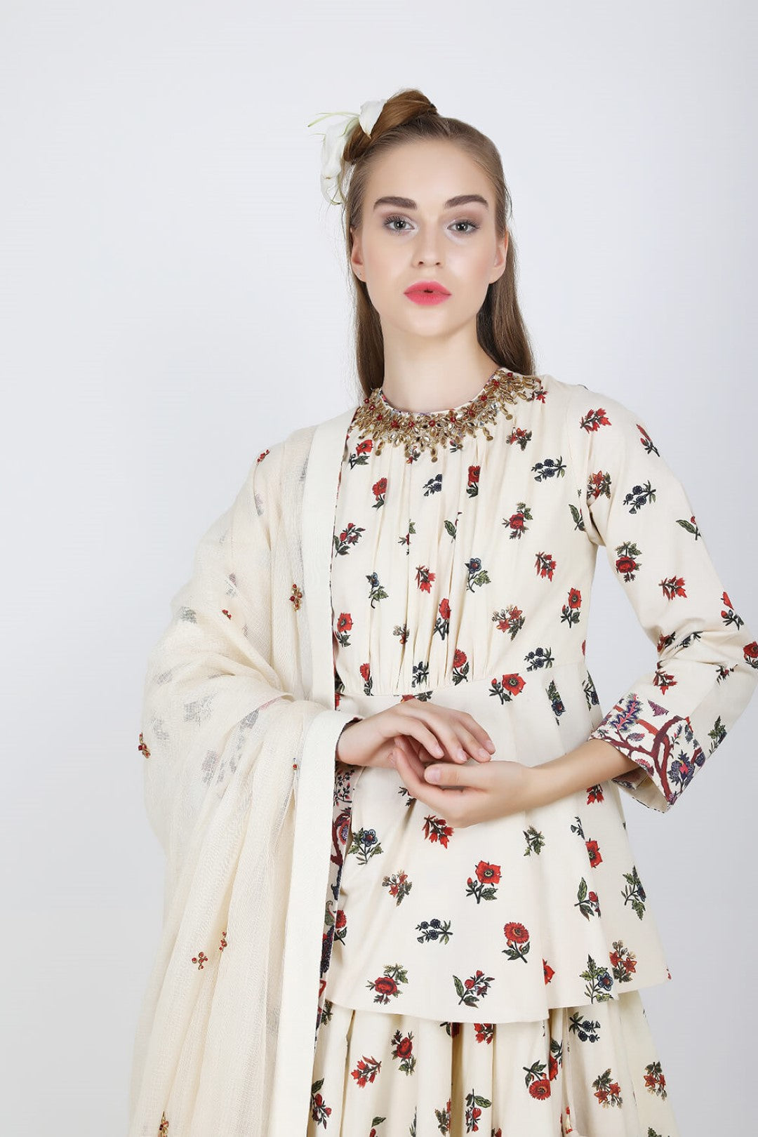 peplum blouse with cotton silk lehenga & dupatta