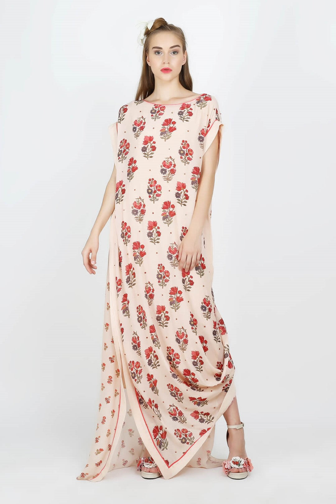 printed crepe kaftan cowl dress