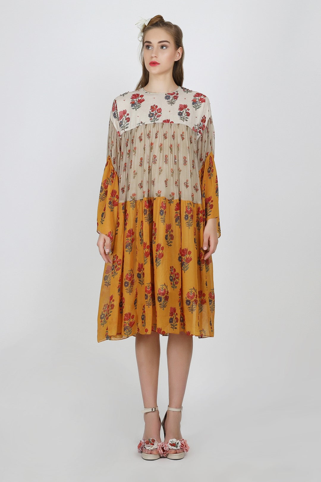 ochre chiffon, rayon moss & georgette dress