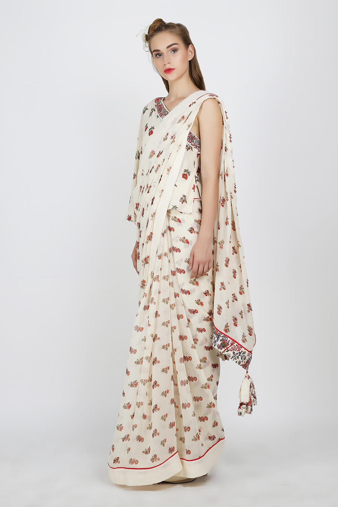 one shoulder crepe blouse with printed georgette saree