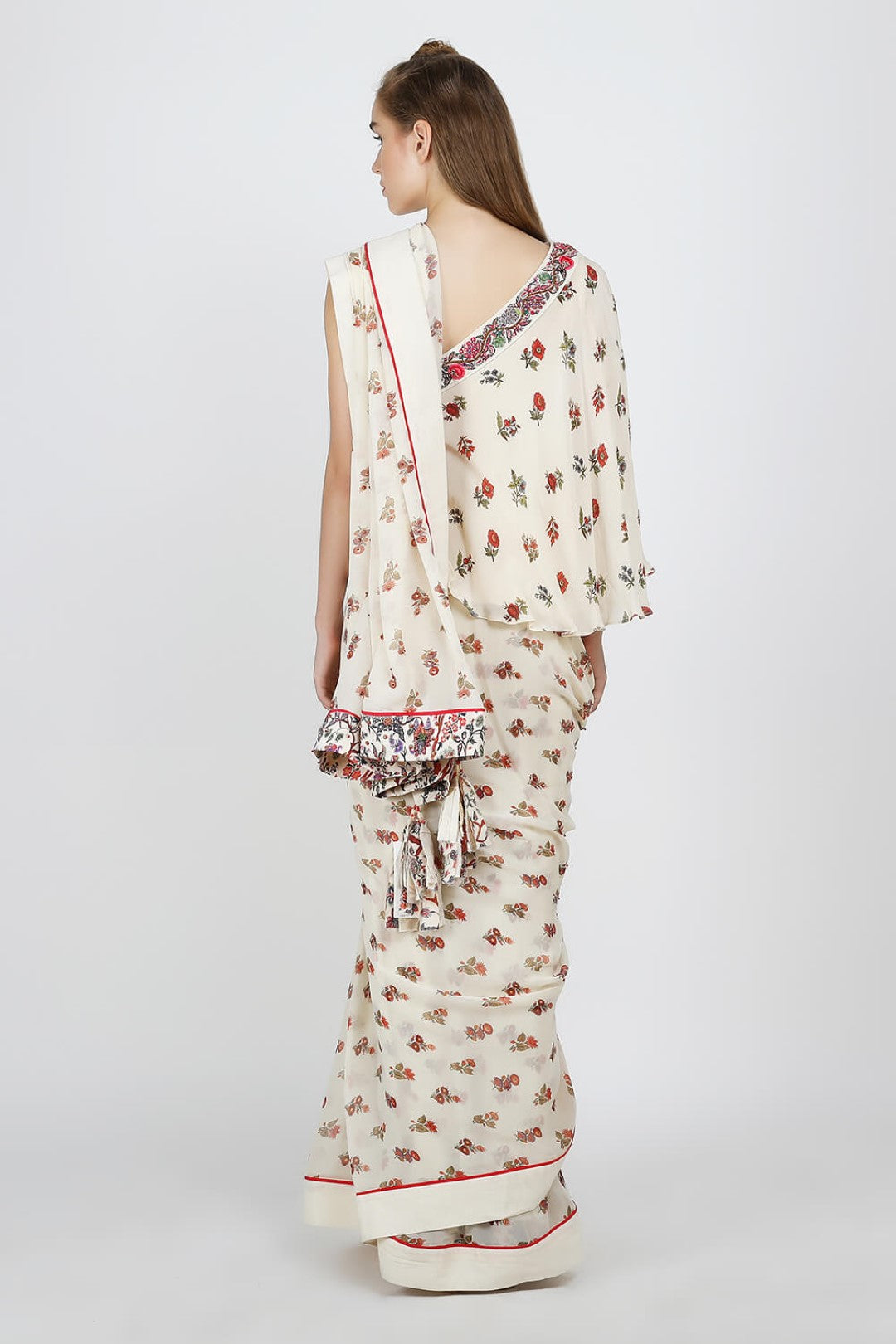 one shoulder crepe blouse with printed georgette saree