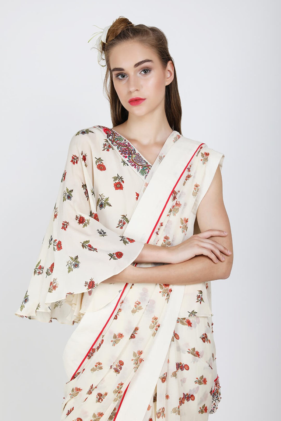 one shoulder crepe blouse with printed georgette saree
