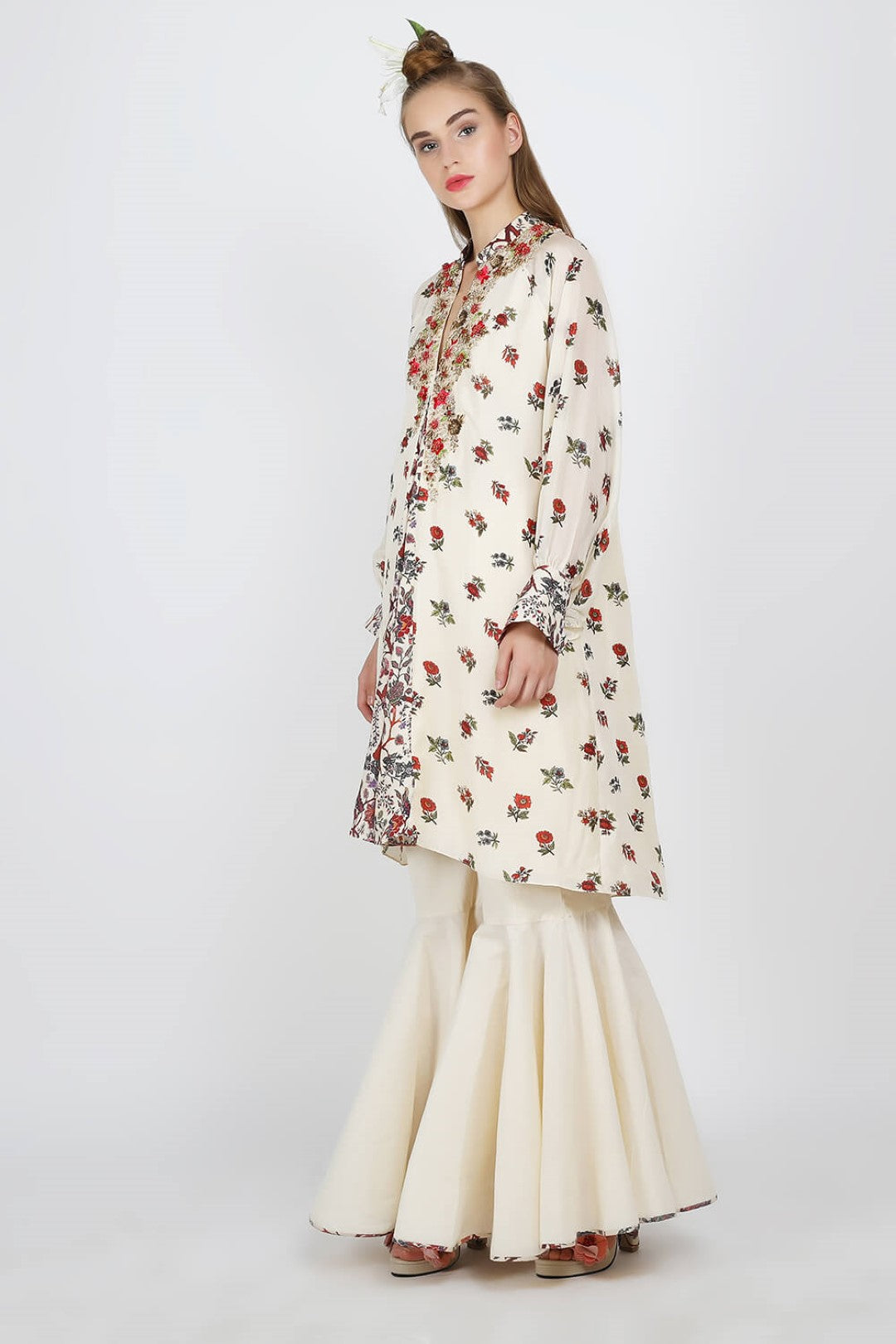 box pleated tunic with gathered flared pants