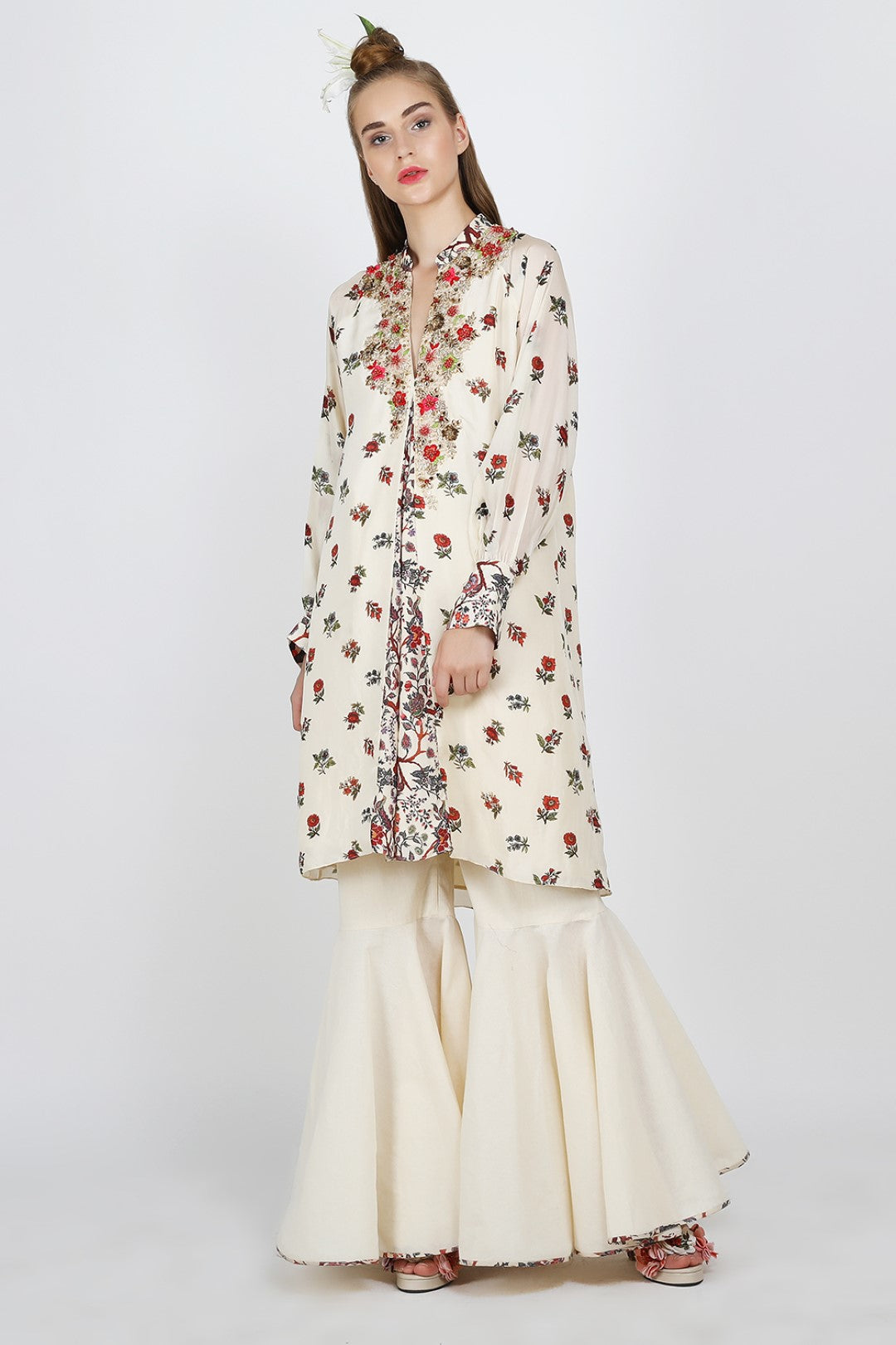 box pleated tunic with gathered flared pants