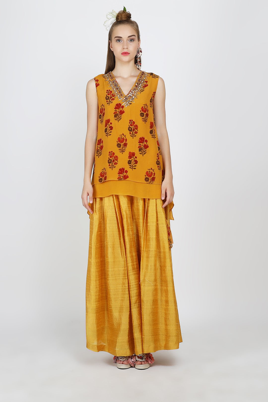 crepe cami top with raw silk sharara