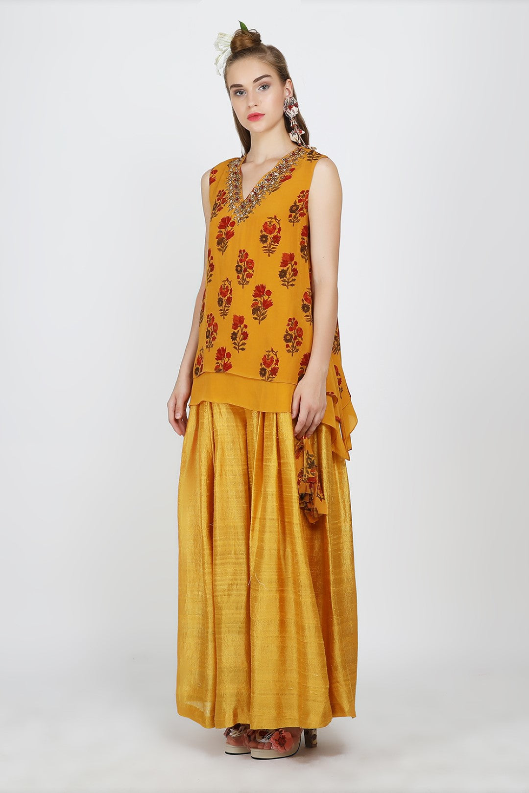crepe cami top with raw silk sharara