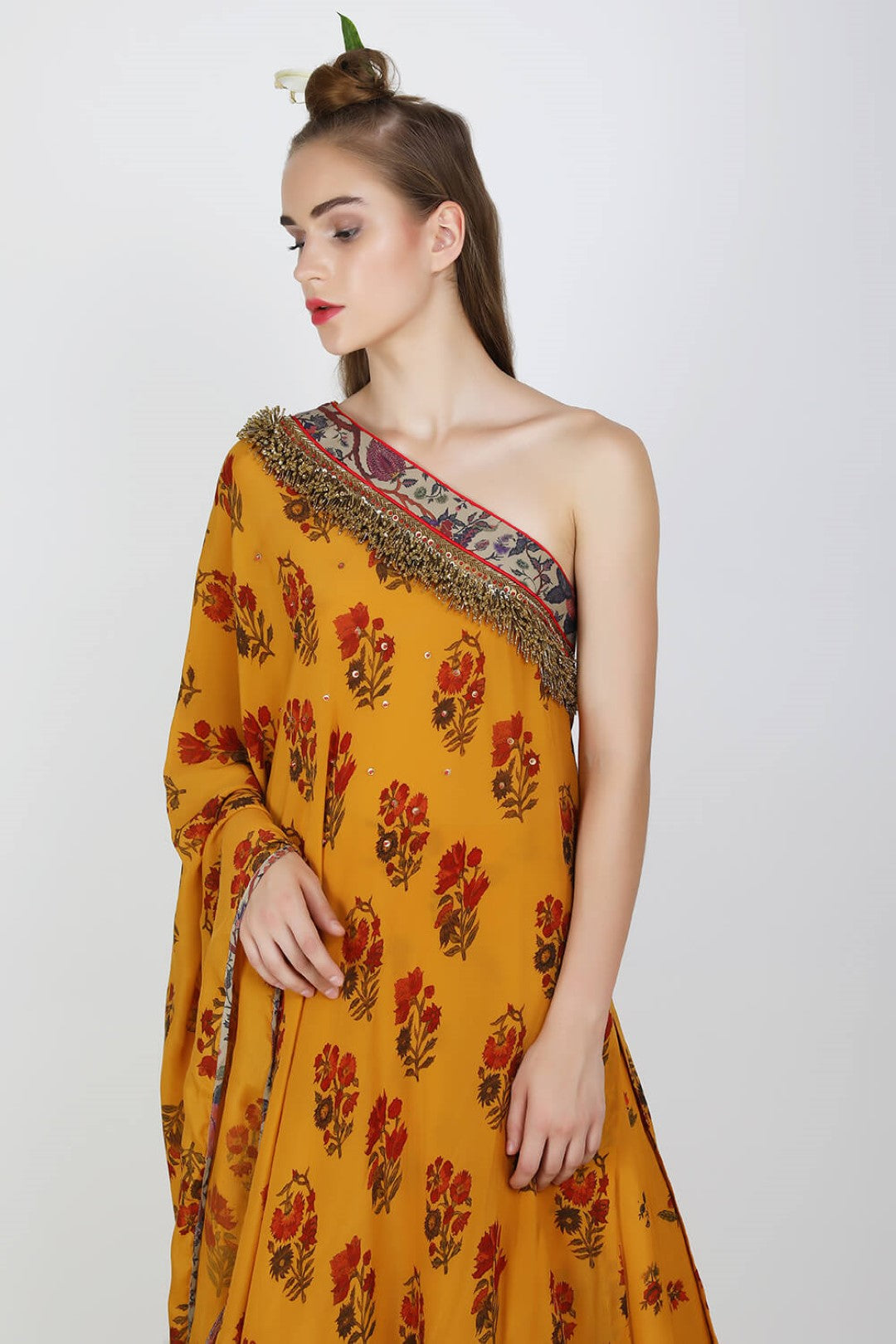 off shoulder crepe tunic with cotton silk lehenga