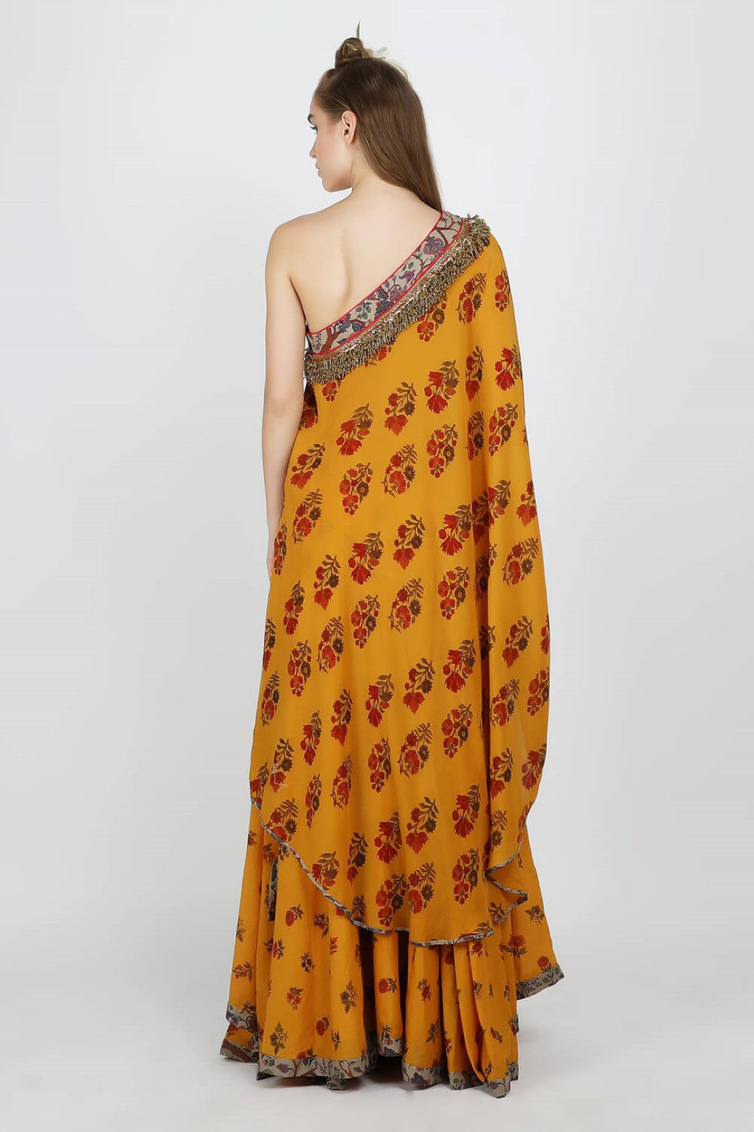 off shoulder crepe tunic with cotton silk lehenga