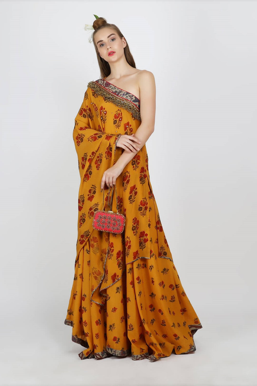 off shoulder crepe tunic with cotton silk lehenga